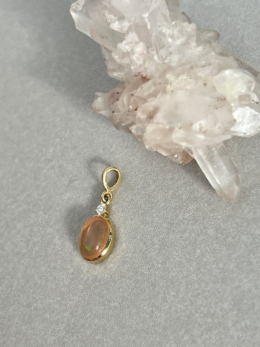Vintage 14k Gold Small Opalite + Diamond Charm