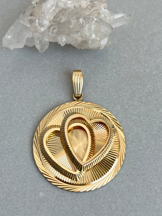 Vintage 14k Gold Engine Turned Interlocking Hearts Pendant