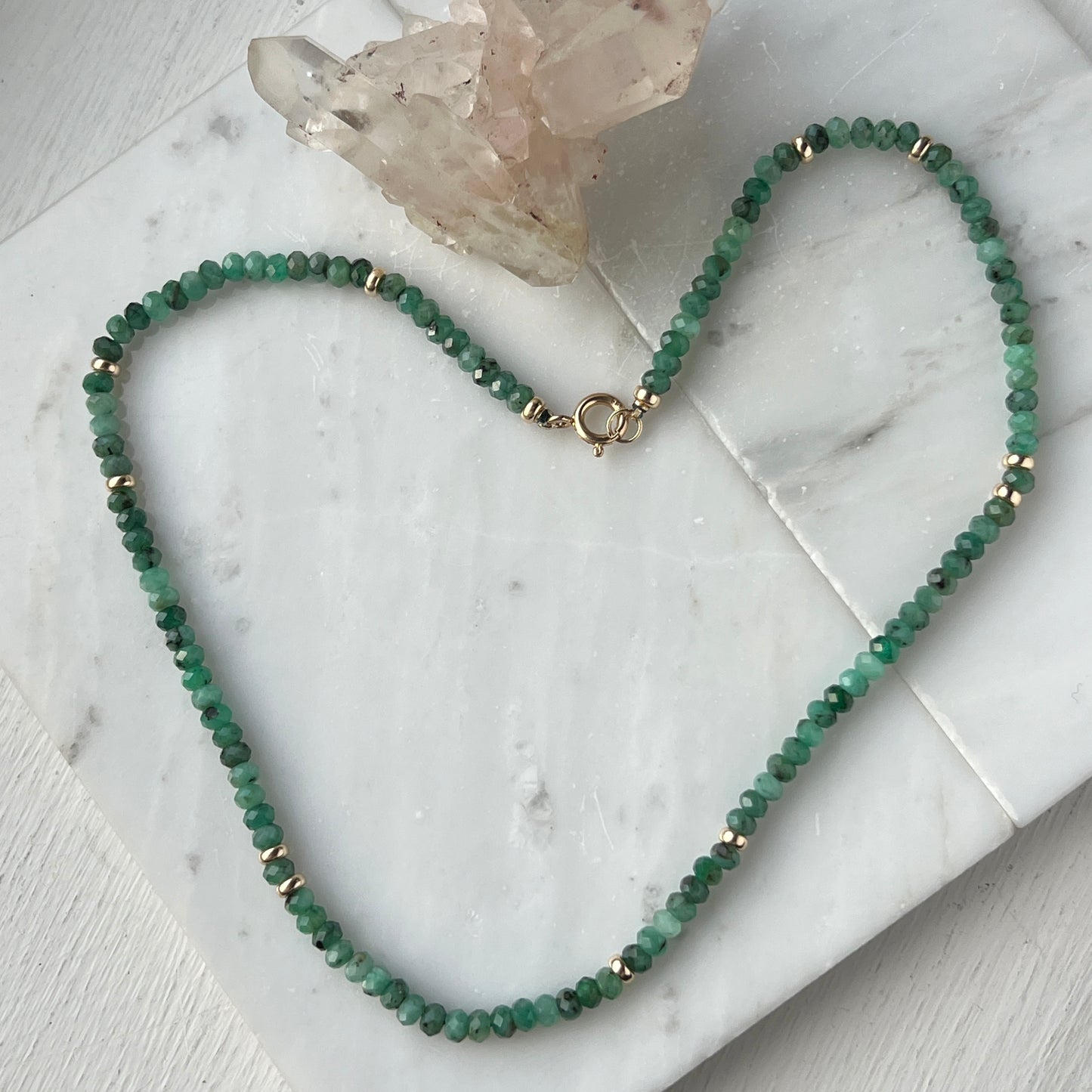 16” Faceted Emerald Gemstone Necklace with 14k Gold Bead Accents