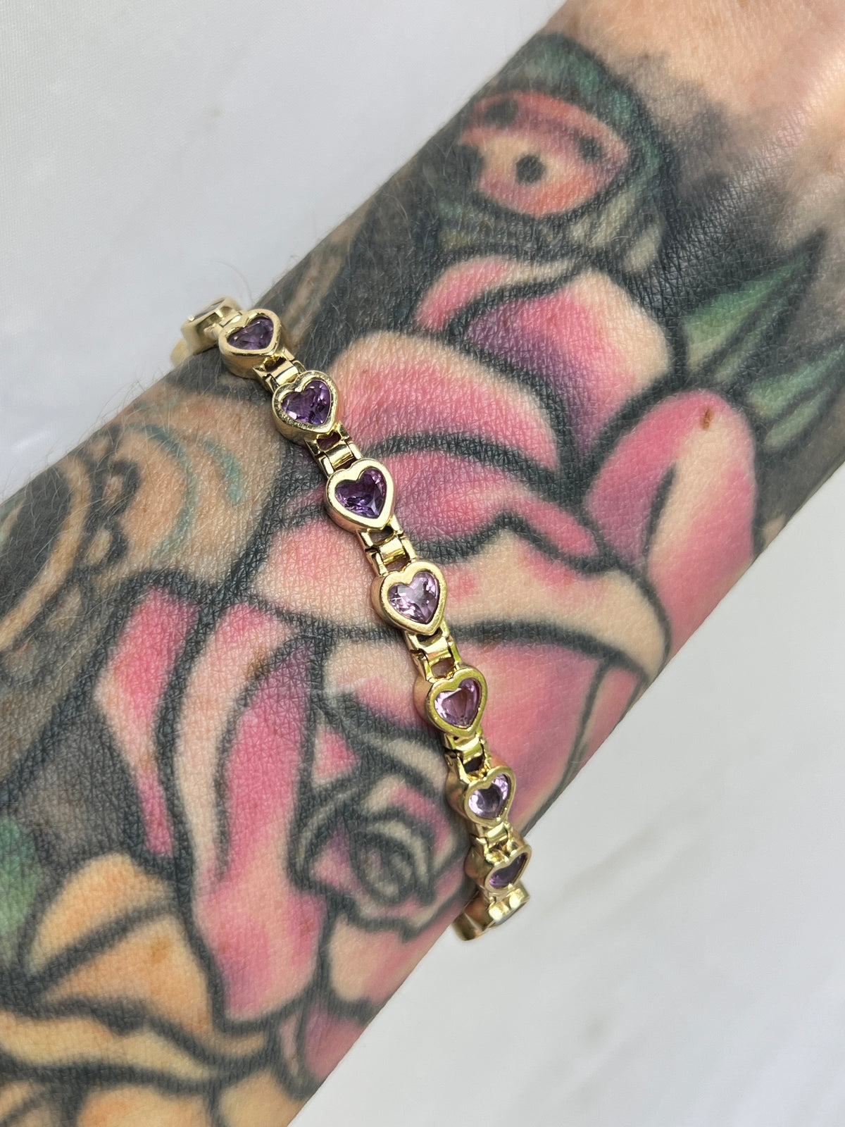 Vintage 14k Gold Bezel Set Amethyst Gemstone Heart Link Bracelet
