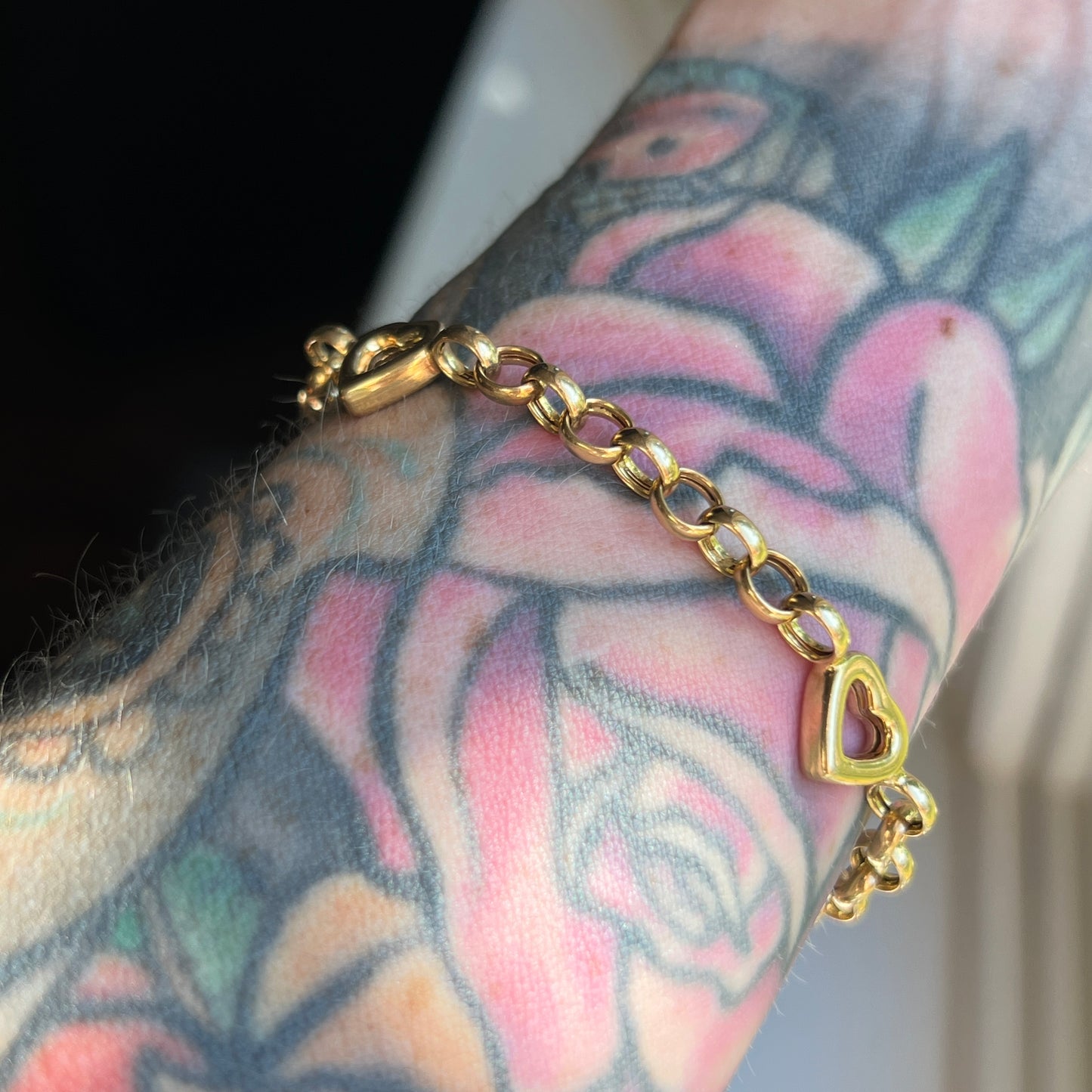 Vintage 14k Gold 7” Rolo + Open Heart Link Bracelet