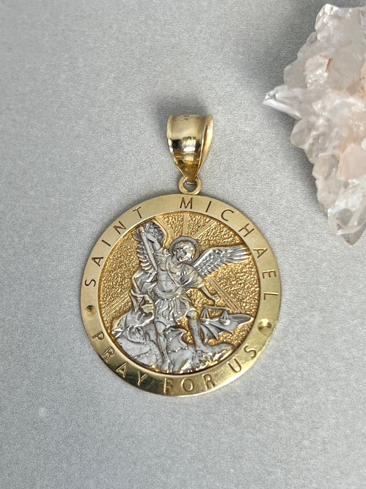 Vintage 14k Gold Large Saint Michael Medallion Pendant