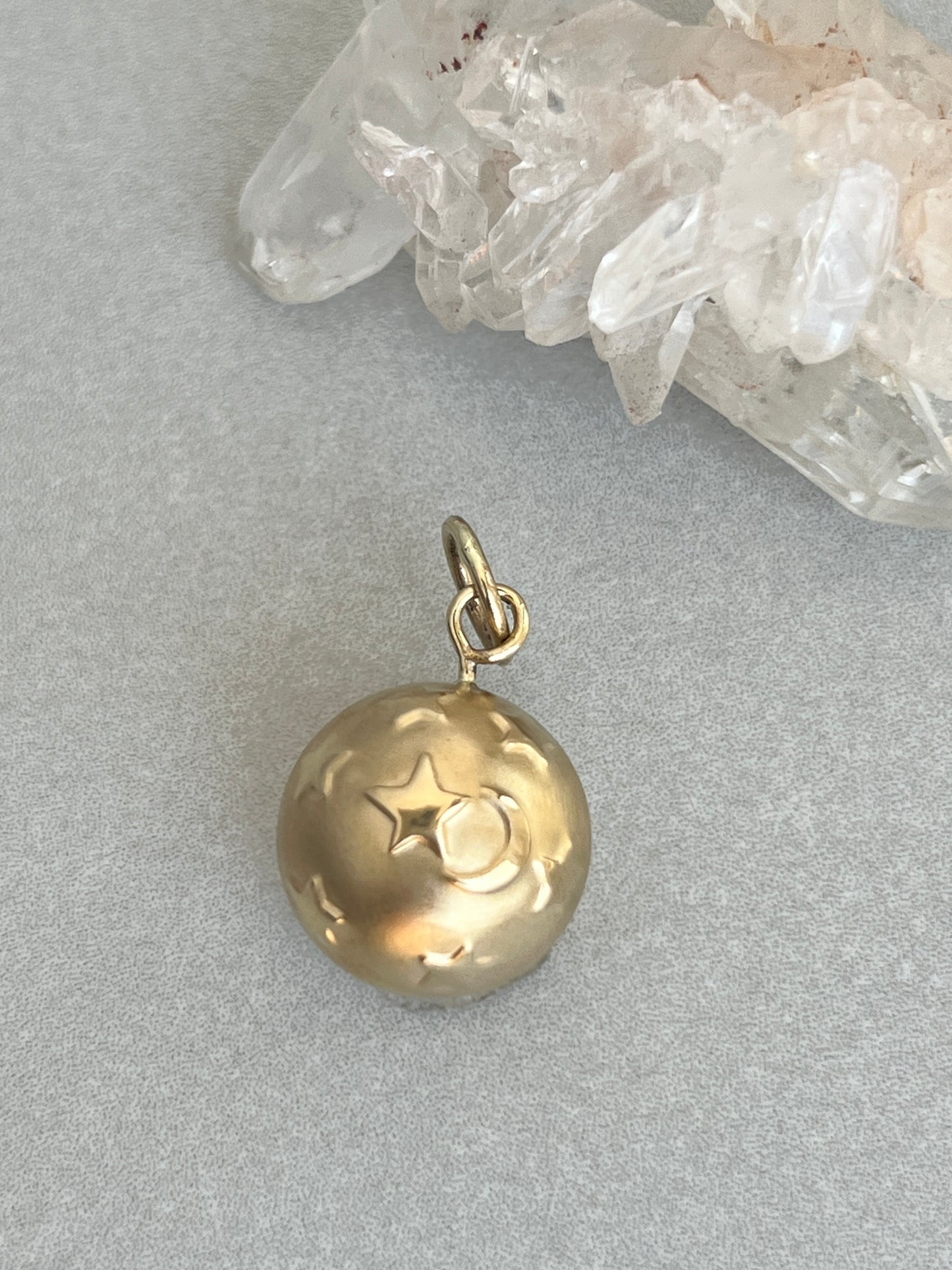 Vintage 14k Gold Puffy Celestial Moon + Stars Ball Pendant