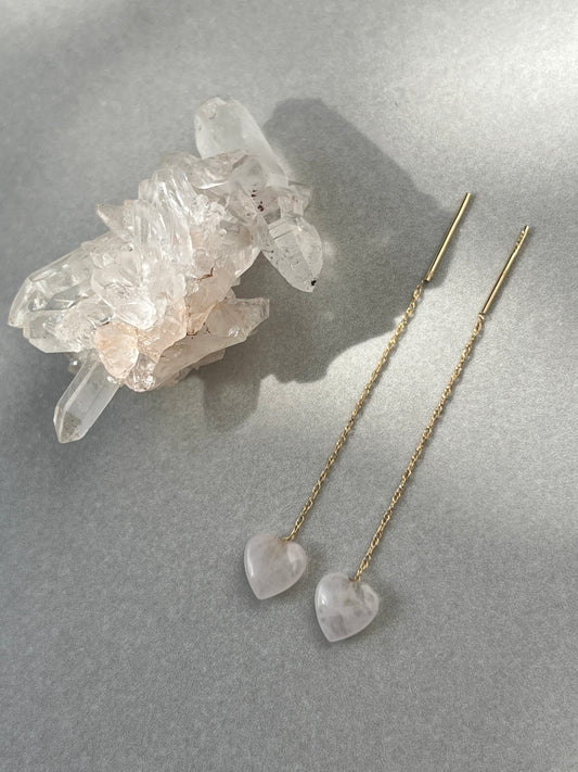 Vintage 14k Gold Rose Quartz Heart Threader Earrings