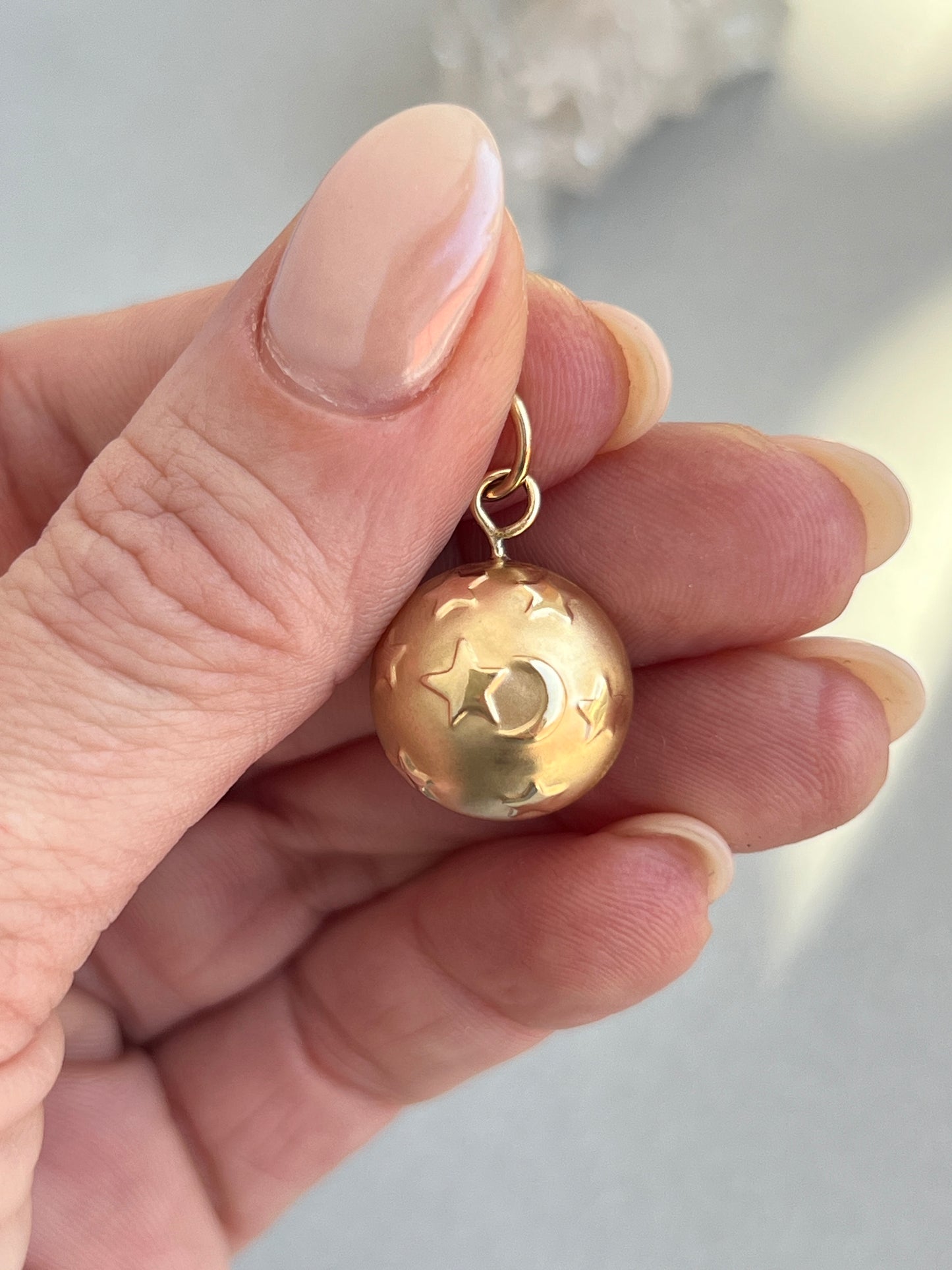 Vintage 14k Gold Puffy Celestial Moon + Stars Ball Pendant