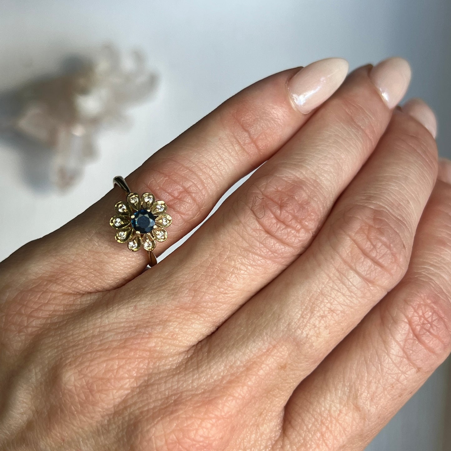 Vintage 14k Gold Sapphire + Diamond Floral Cluster Ring