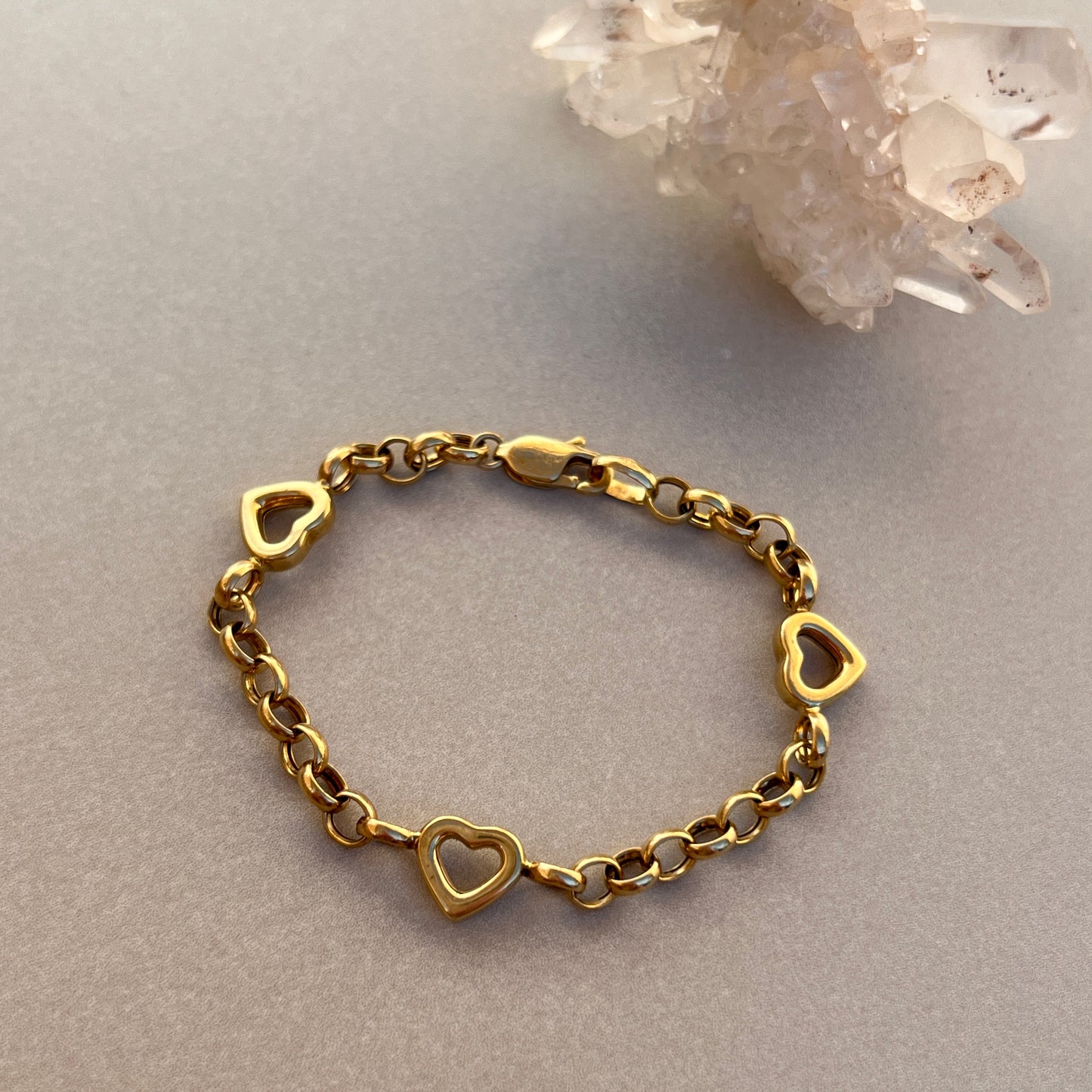 Vintage 14k Gold 7” Rolo + Open Heart Link Bracelet