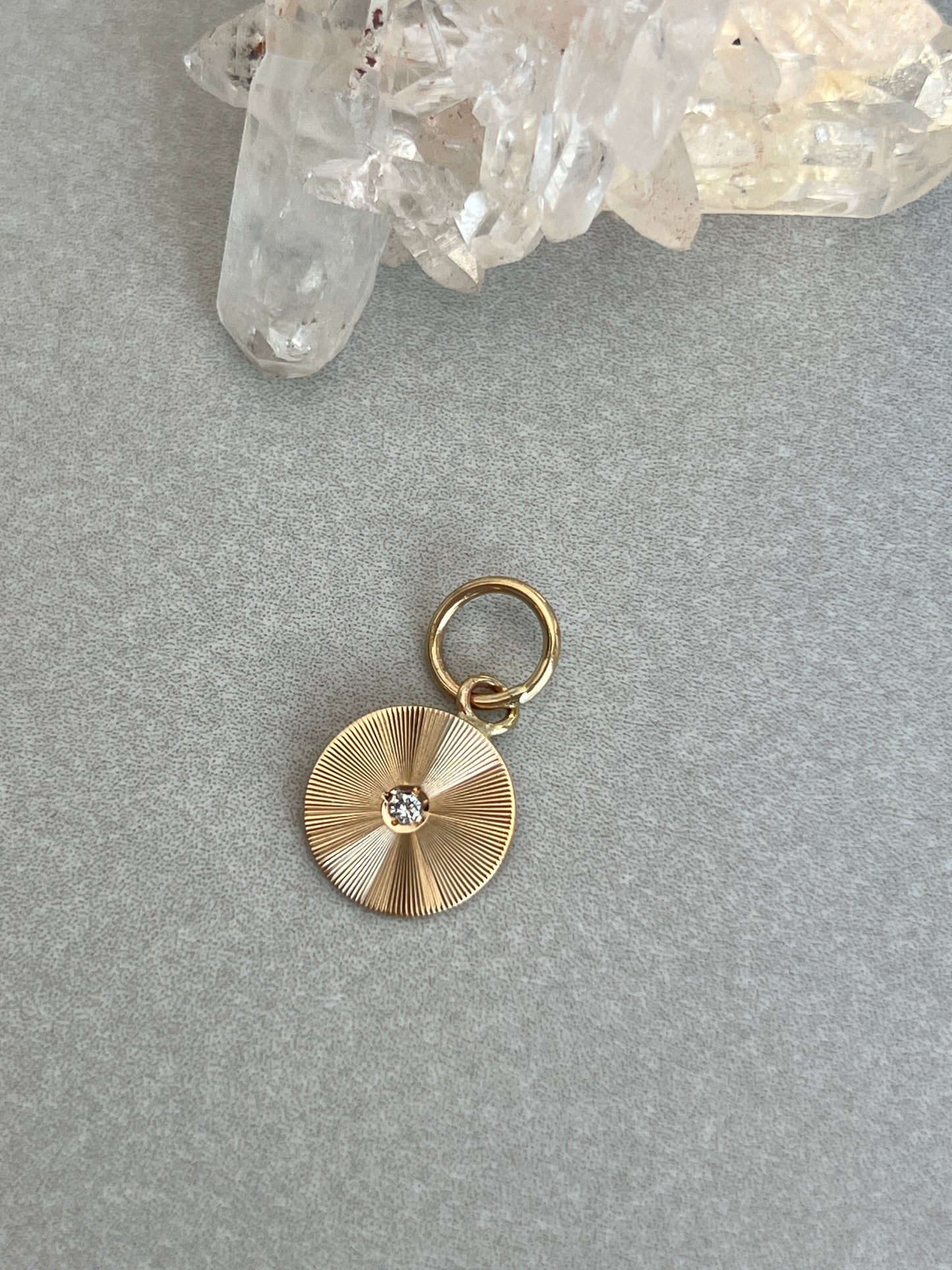 Vintage 14k Gold Round Engine Turned Diamond Accent Pendant