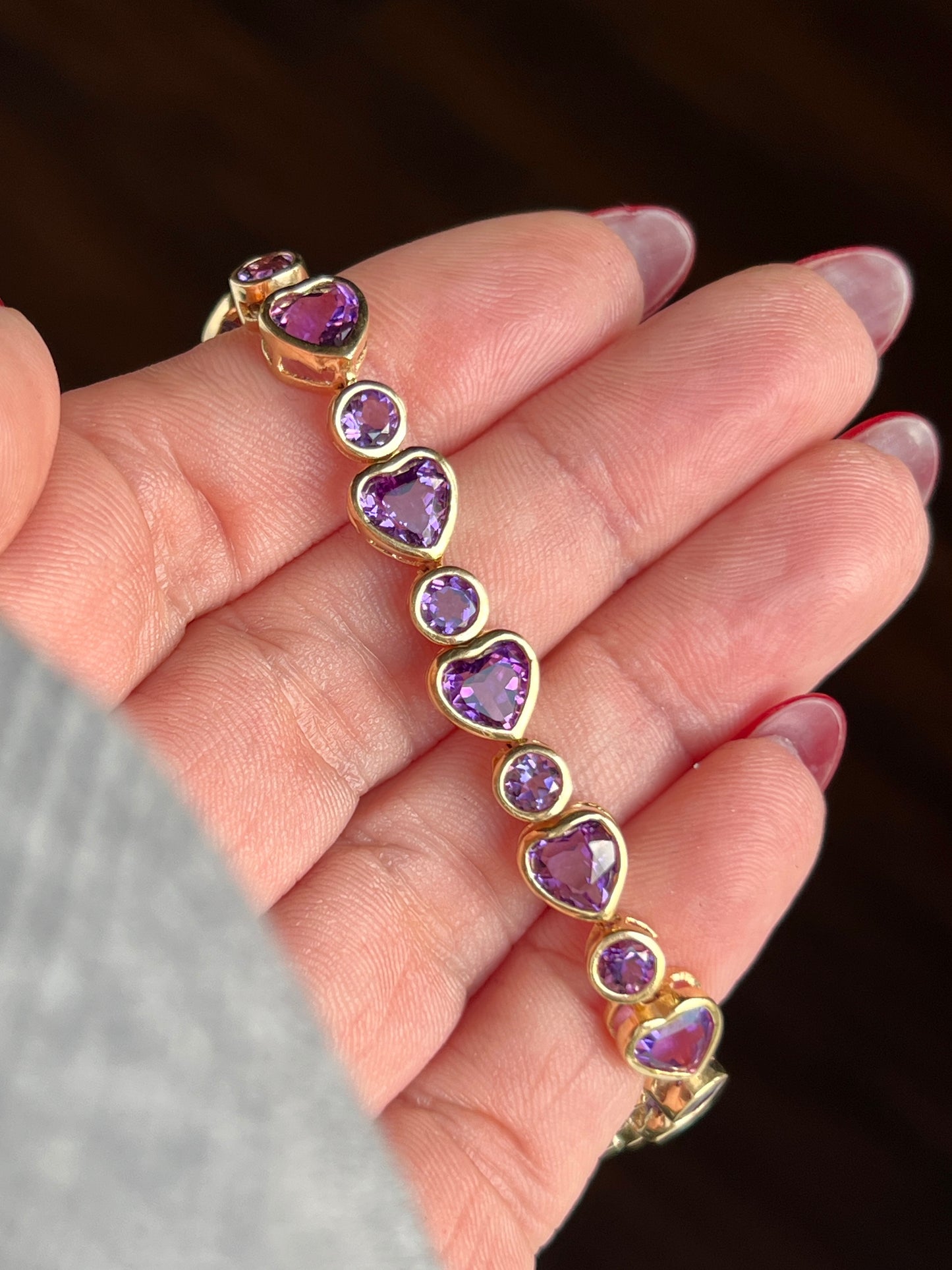 Vintage 14k Gold Bezel Set Amethyst Hearts Bracelet