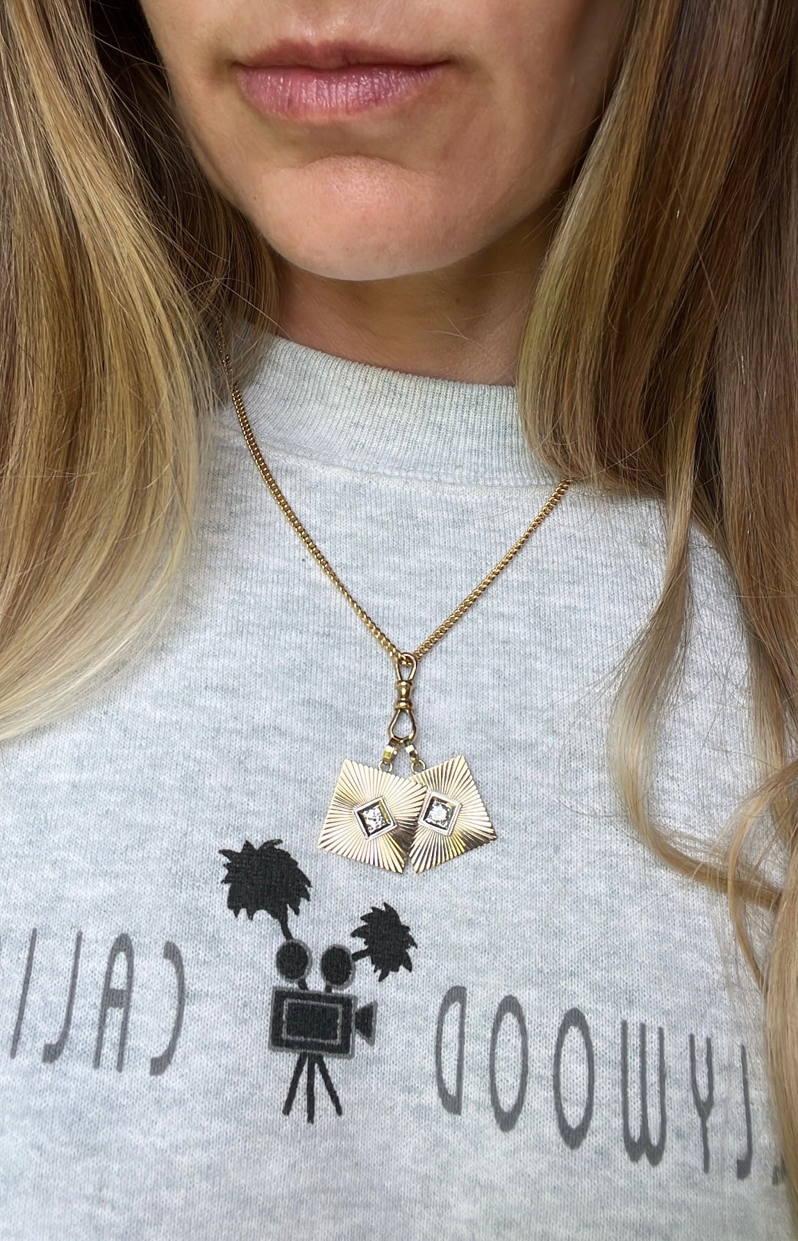 Vintage 14k Gold Square Engine Turned Diamond Cufflink Conversion Charm