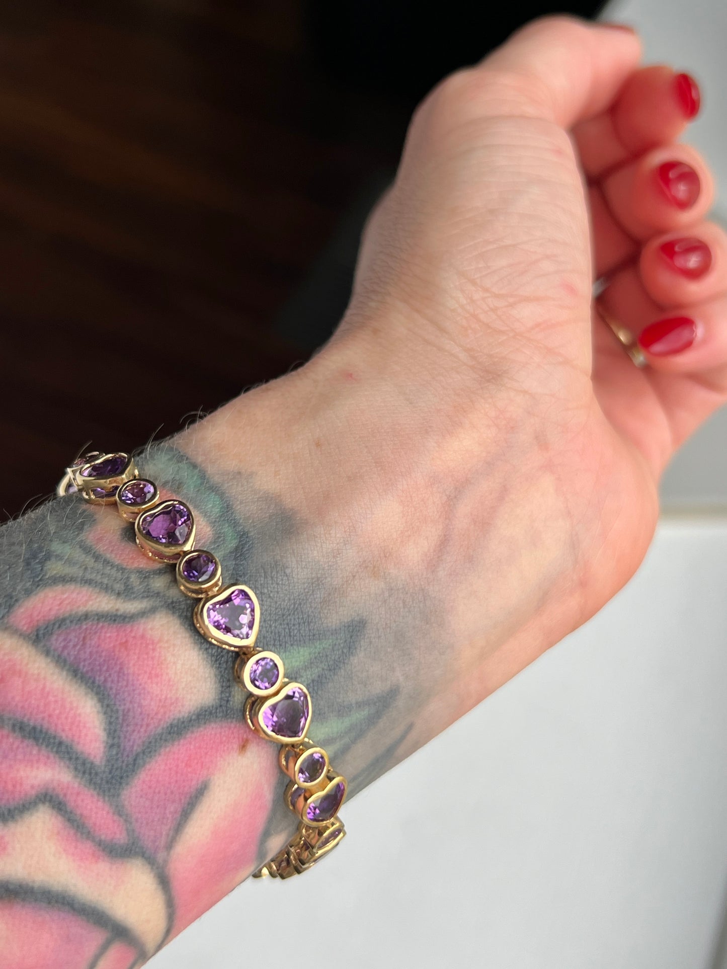 Vintage 14k Gold Bezel Set Amethyst Hearts Bracelet
