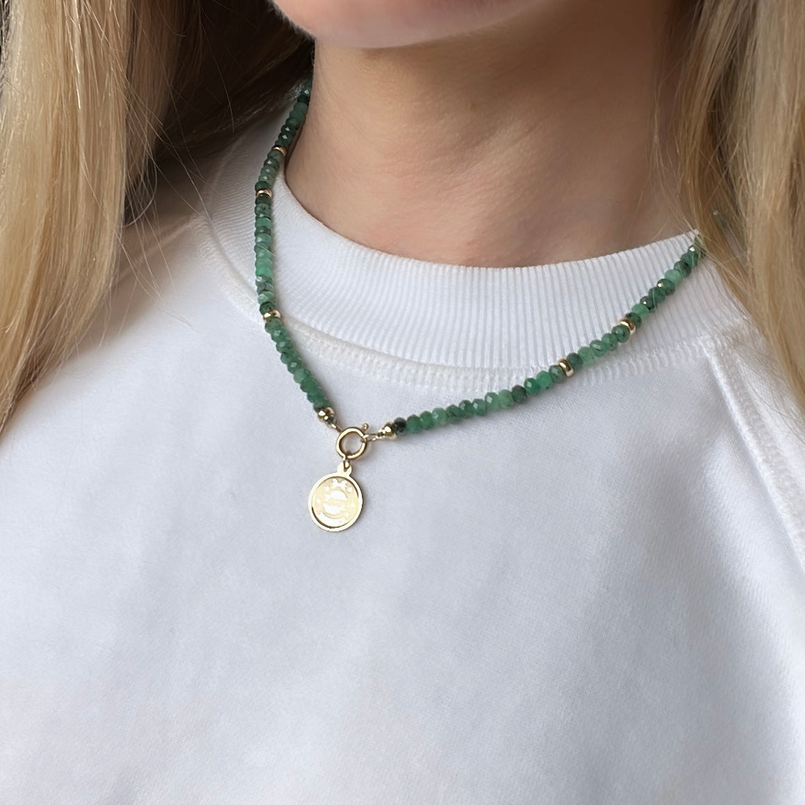 16” Faceted Emerald Gemstone Necklace with 14k Gold Bead Accents