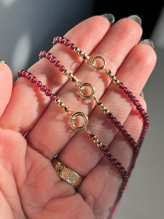 Custom Length 14k Gold + Mini Garnet ‘Pearls’ Beaded Gemstone Necklace - 8mm Clasp