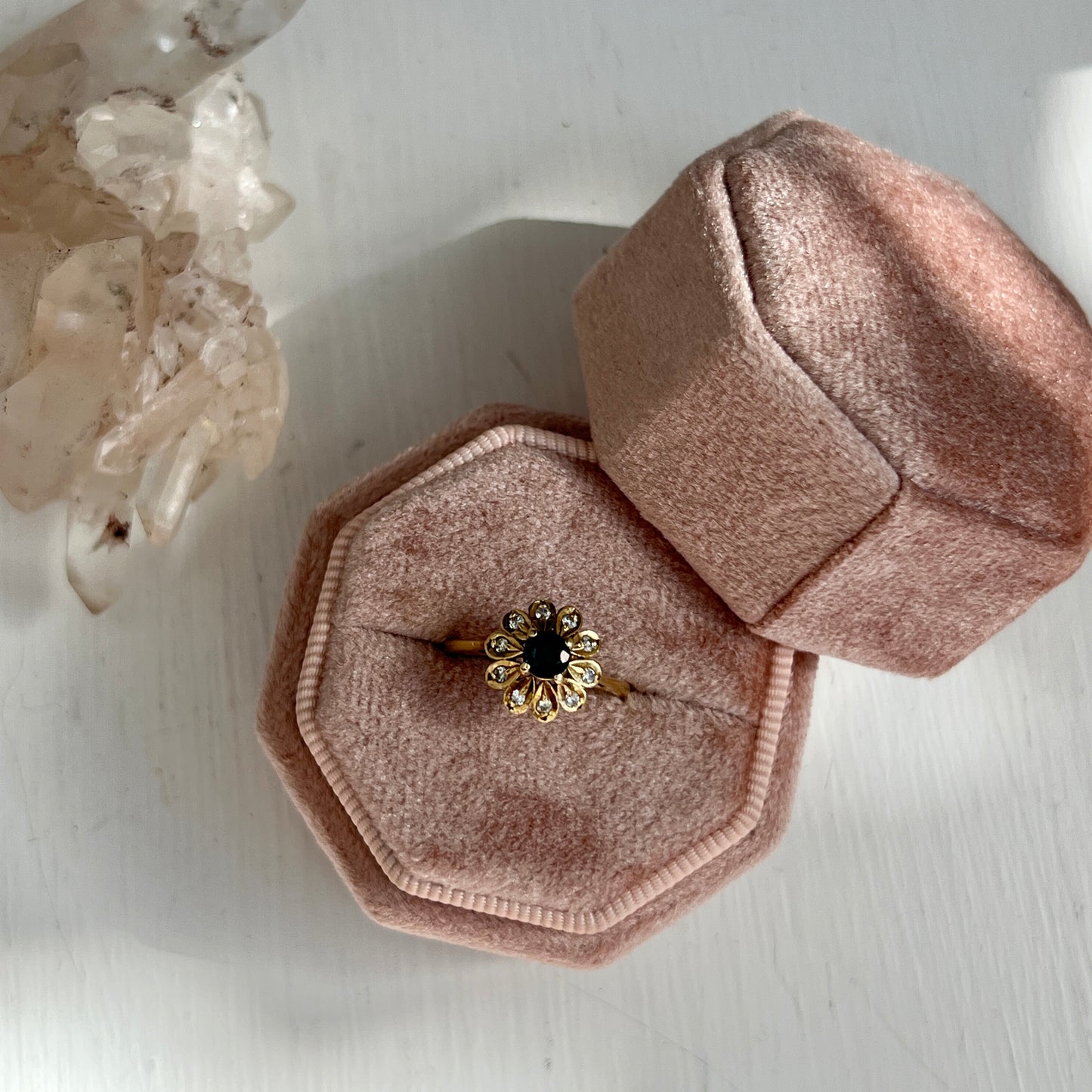 Vintage 14k Gold Sapphire + Diamond Floral Cluster Ring