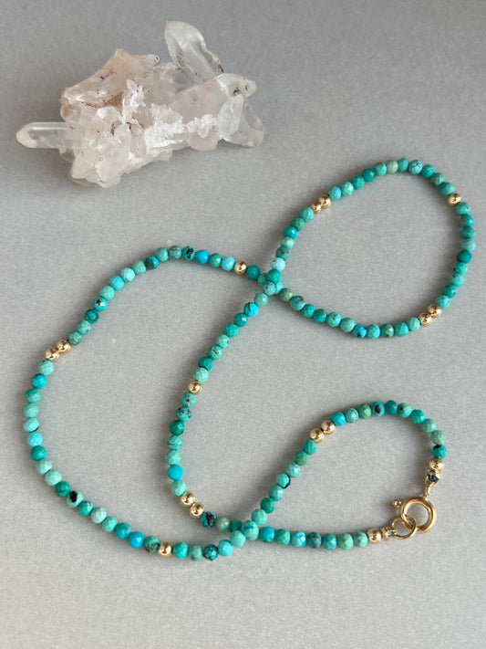 16” Faceted Turquoise Gemstone Necklace with Solid 14k Gold Beads + Findings