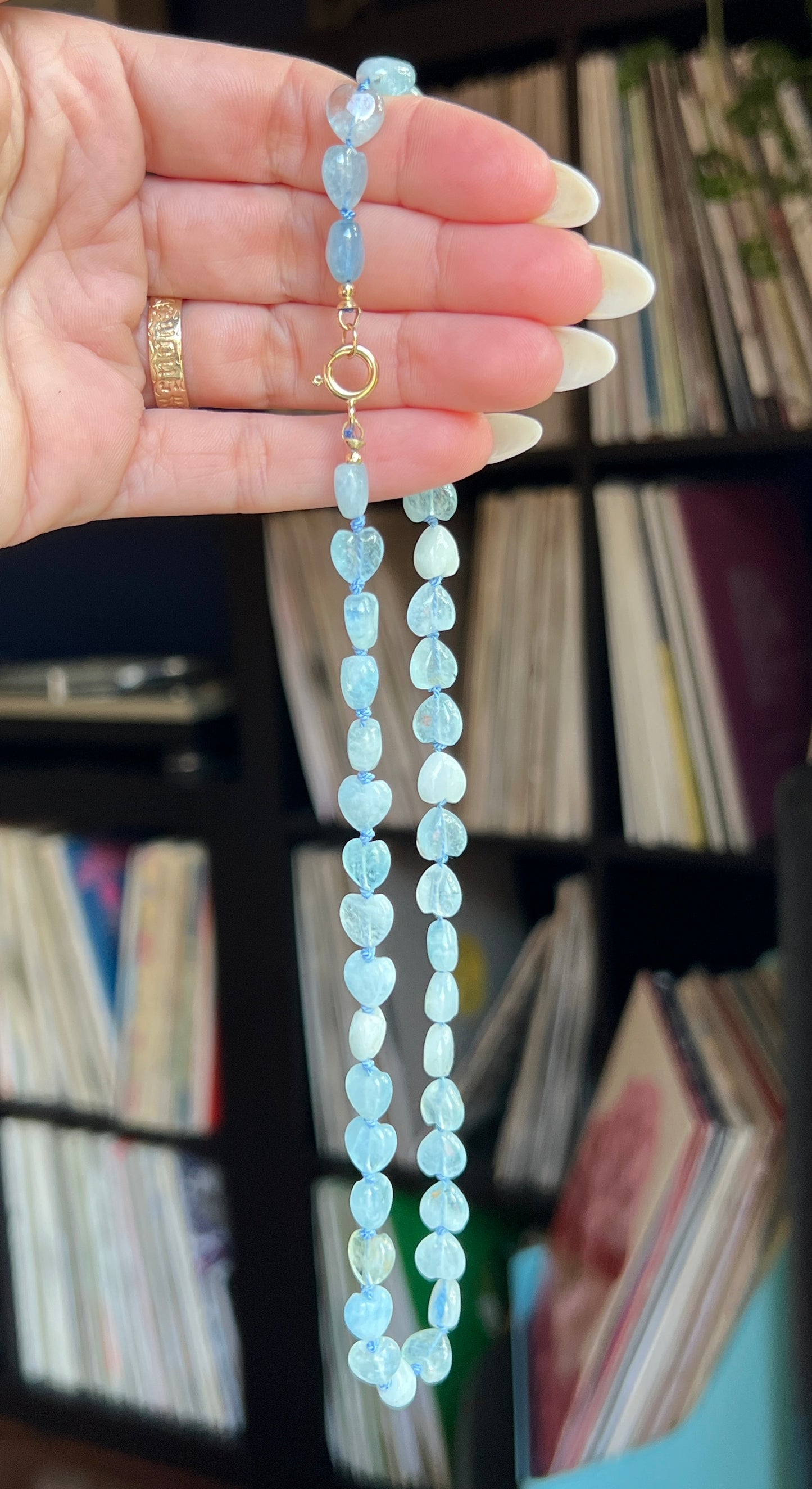 16” Aquamarine Puffy Heart Silk-Knotted Gemstone Necklace