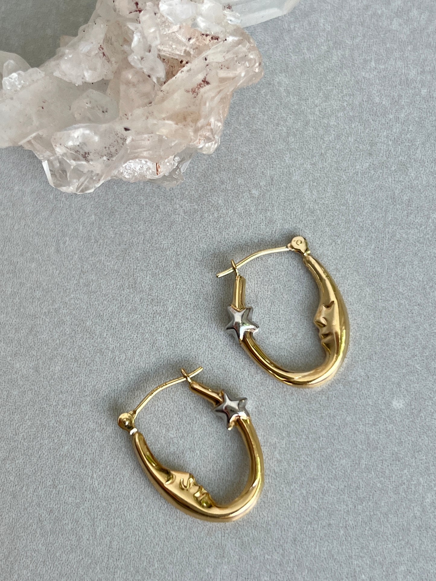 Vintage 14k Gold Man in the Moon Hoop Earrings