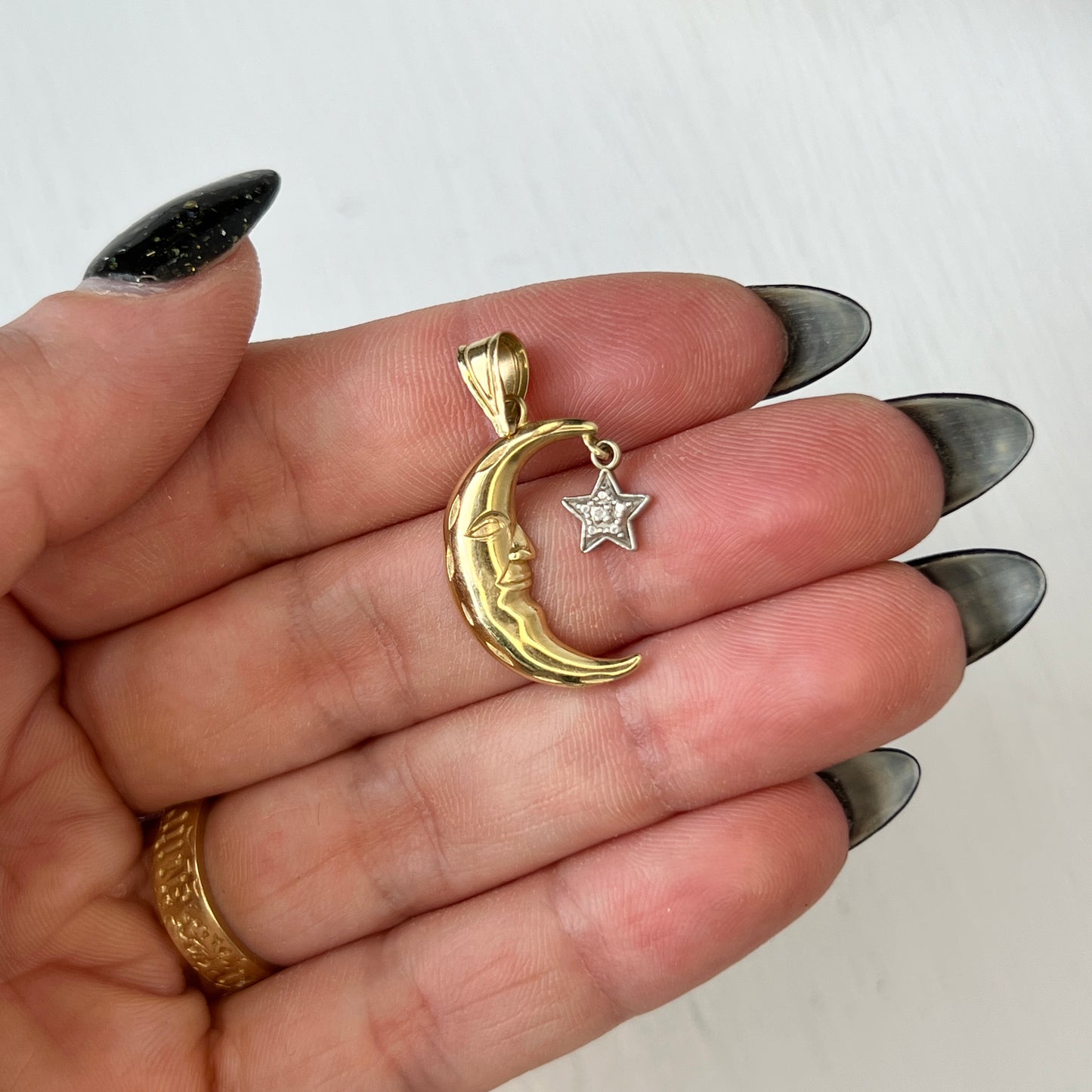 Vintage 14k Gold Moon + Diamond Star Charm