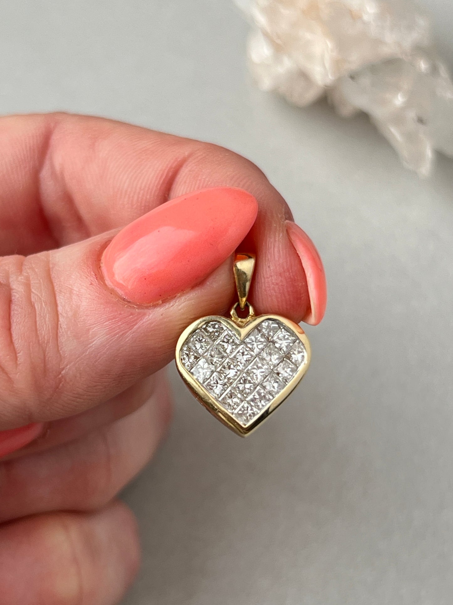 Vintage 14k Gold Princess Cut Invisible Set Diamond Heart Charm