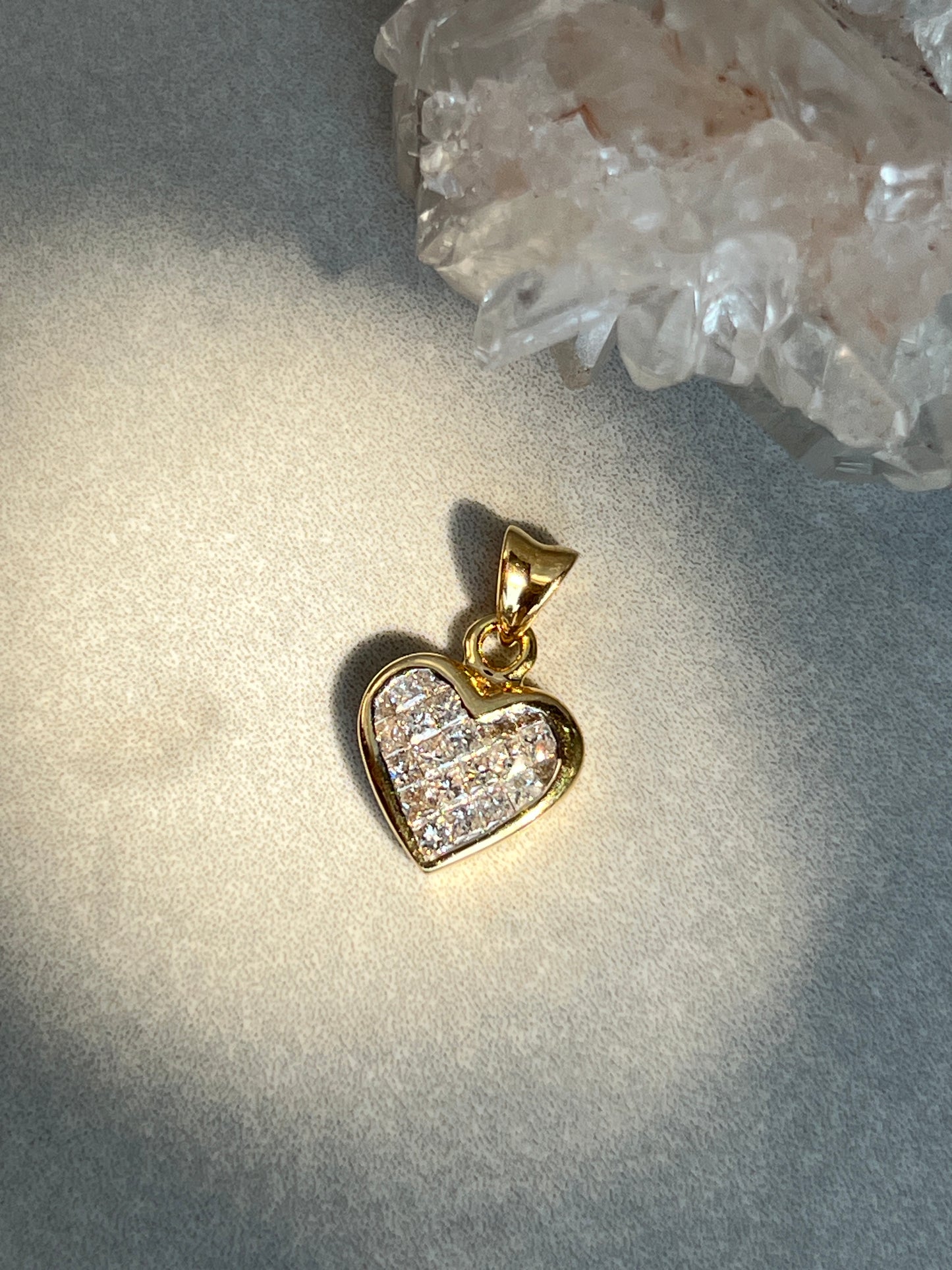 Vintage 14k Gold Princess Cut Invisible Set Diamond Heart Charm