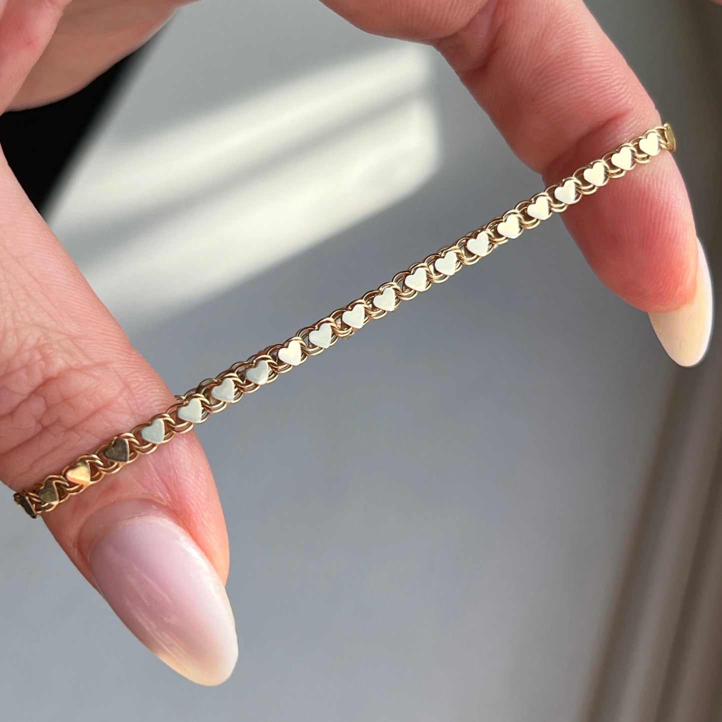 Vintage 14k 7.5” Mirror Heart Link Bracelet