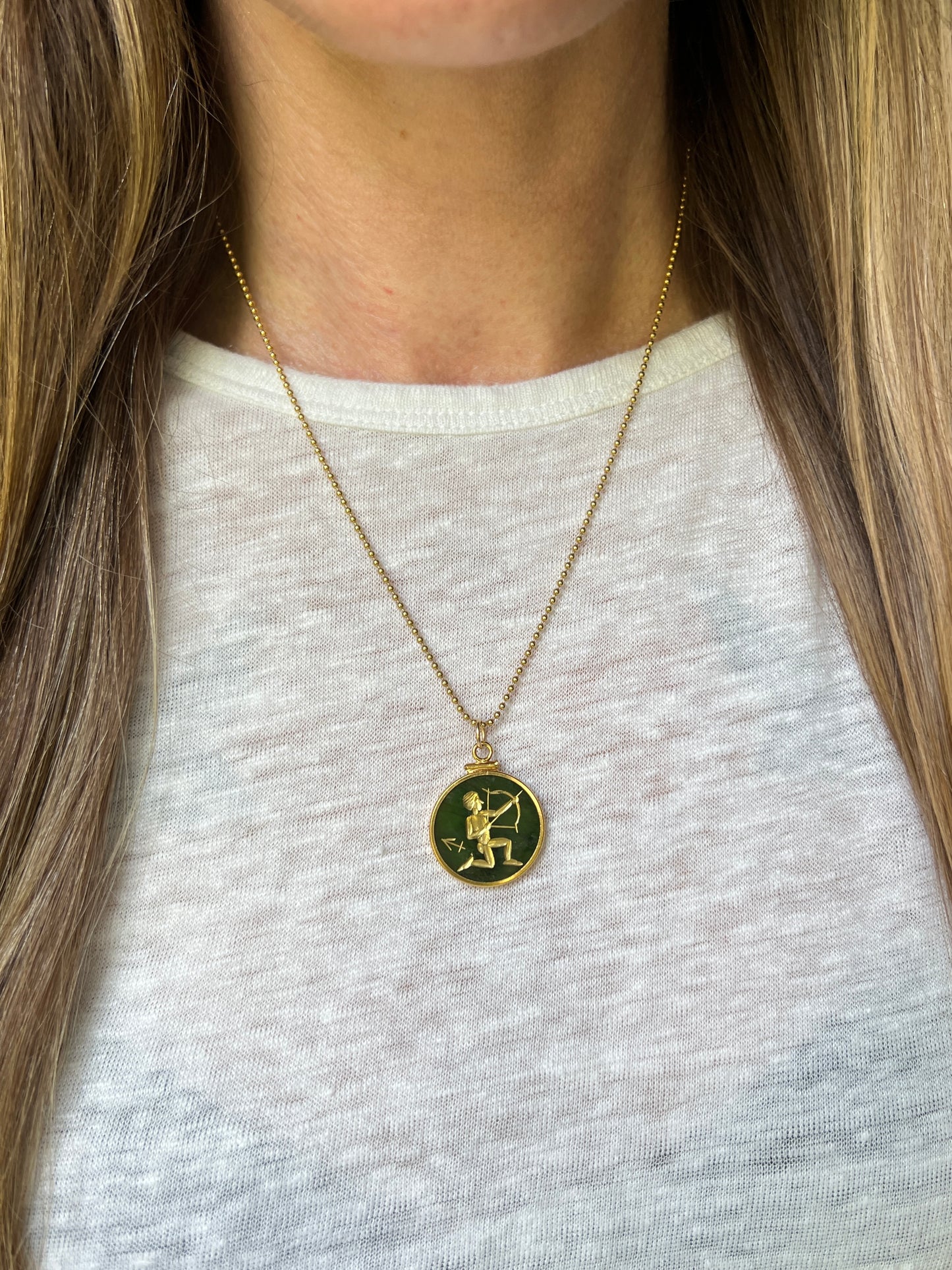 Vintage 14k Gold Nephrite Jade Sagittarius Zodiac Coin Charm
