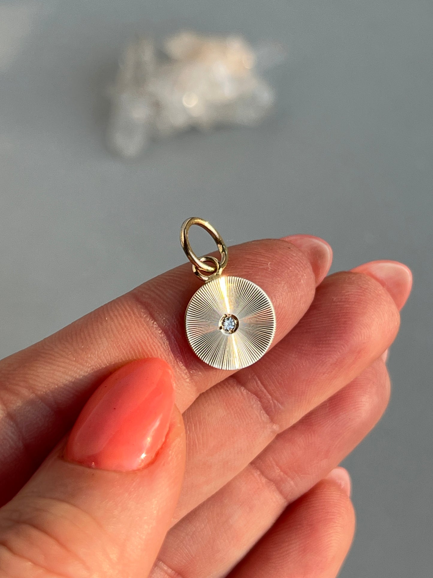 Vintage 14k Gold Round Engine Turned Diamond Accent Pendant