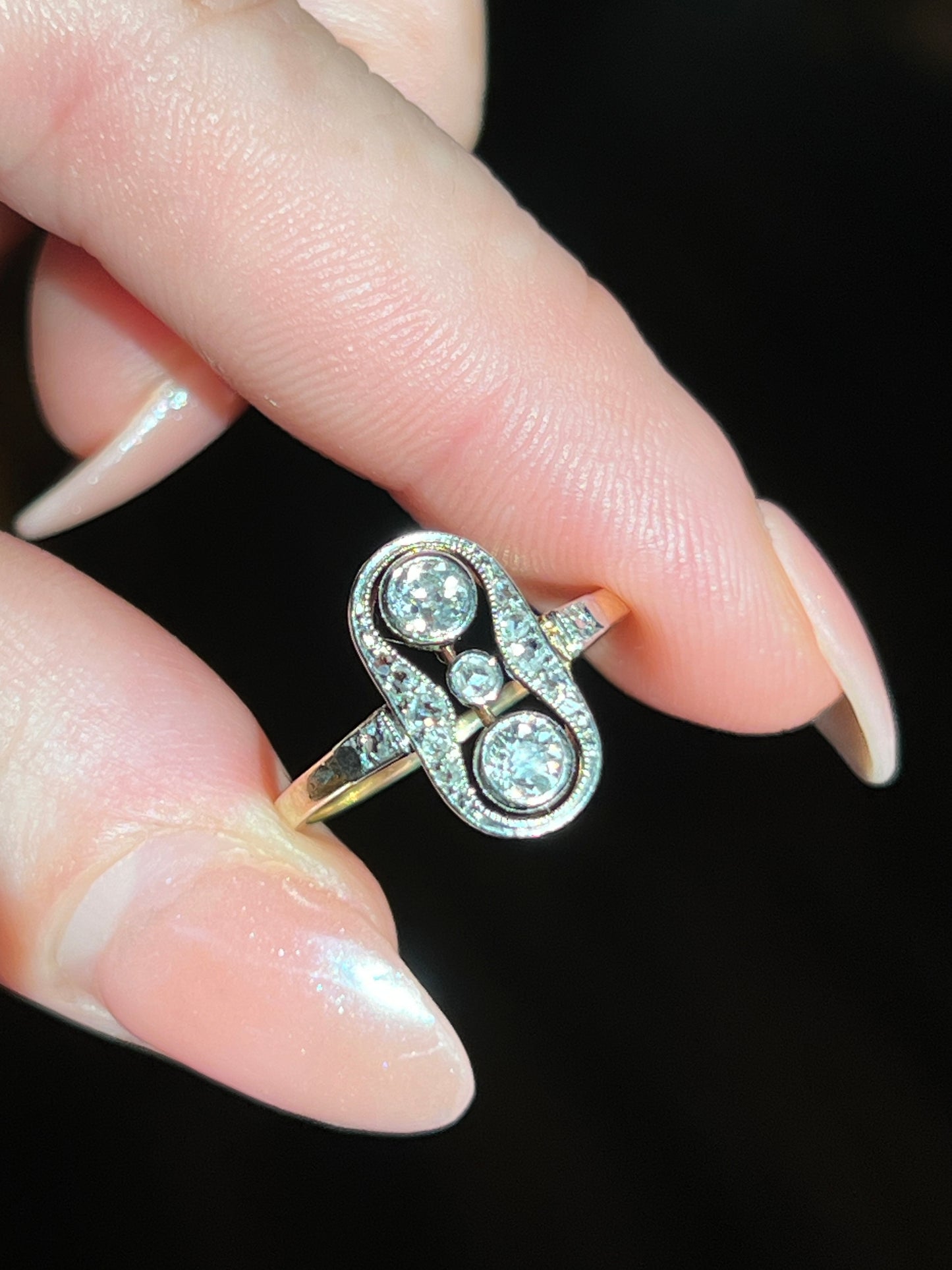 Antique 14k Gold .36 CTW Mixed Old Cut Diamond Shield Ring