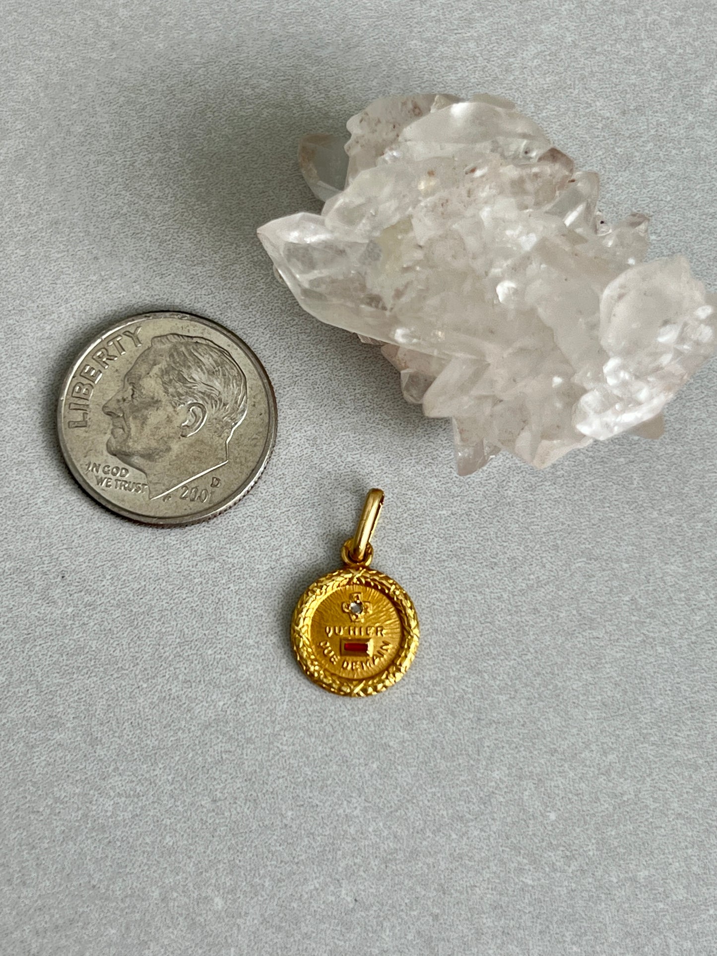 Vintage 18k Gold Diamond and Ruby ‘Qu’hier - Que Demain’ French Love Token - XS