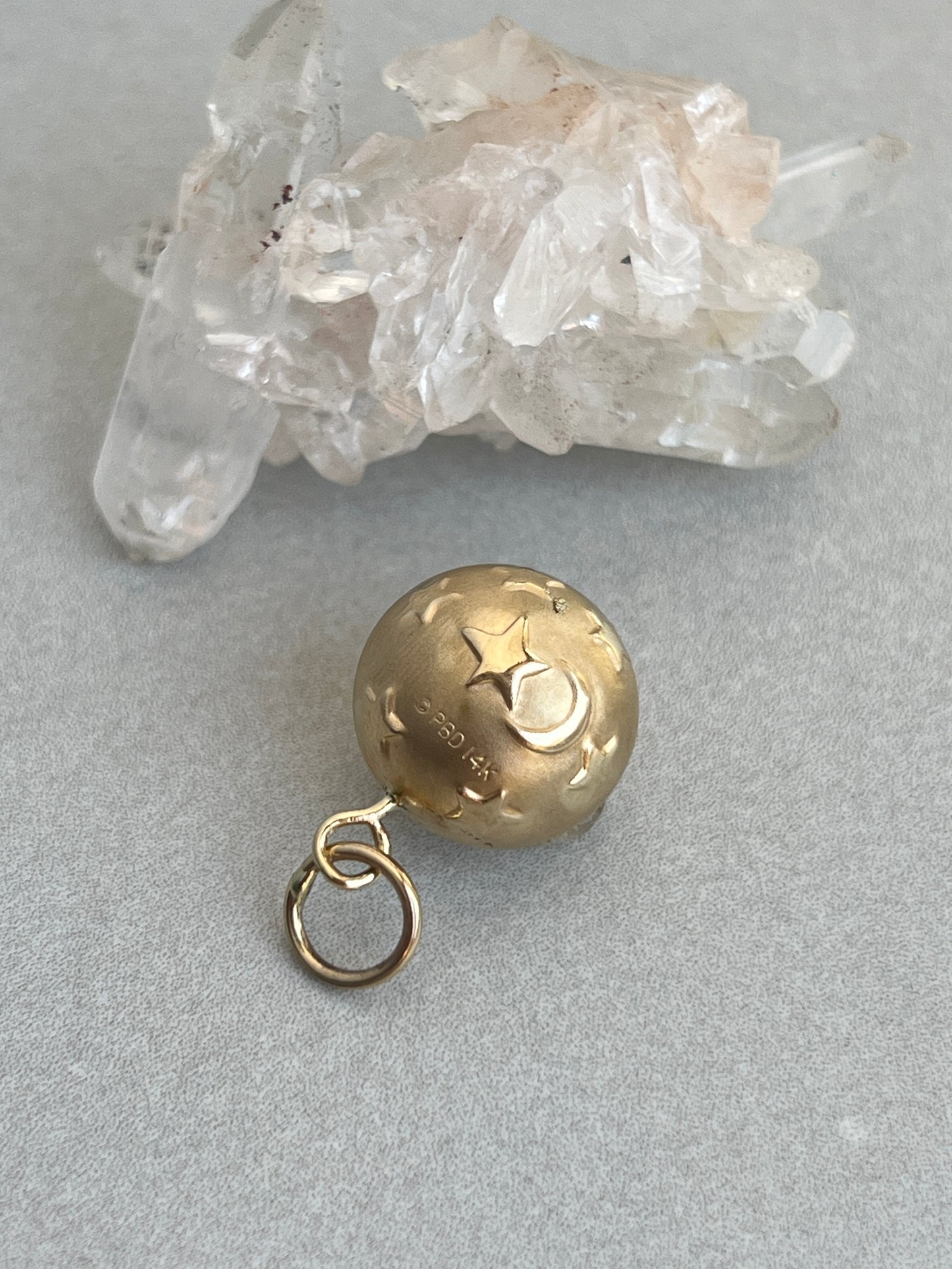 Vintage 14k Gold Puffy Celestial Moon + Stars Ball Pendant