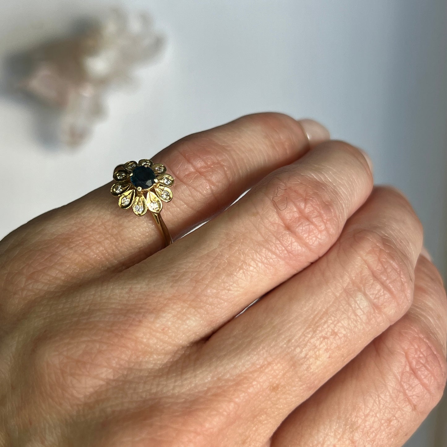 Vintage 14k Gold Sapphire + Diamond Floral Cluster Ring