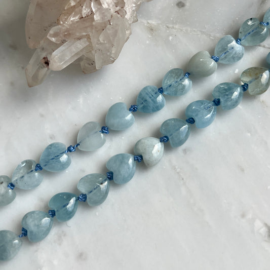 Custom 14k Gold 16” Aquamarine Puffy Heart Silk-Knotted Gemstone Necklace