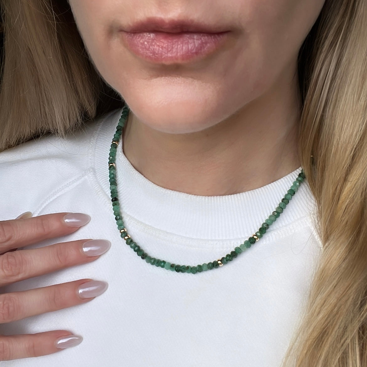 16” Faceted Emerald Gemstone Necklace with 14k Gold Bead Accents