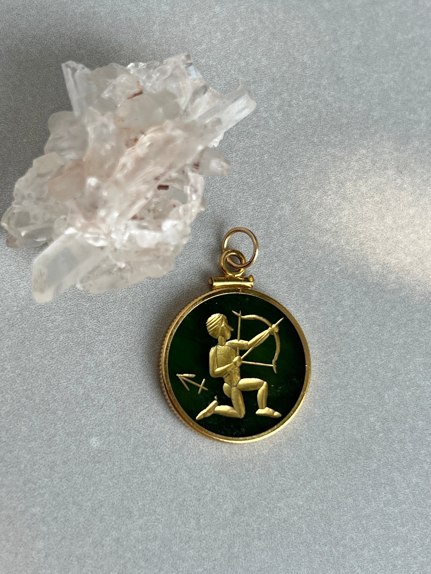 Vintage 14k Gold Nephrite Jade Sagittarius Zodiac Coin Charm