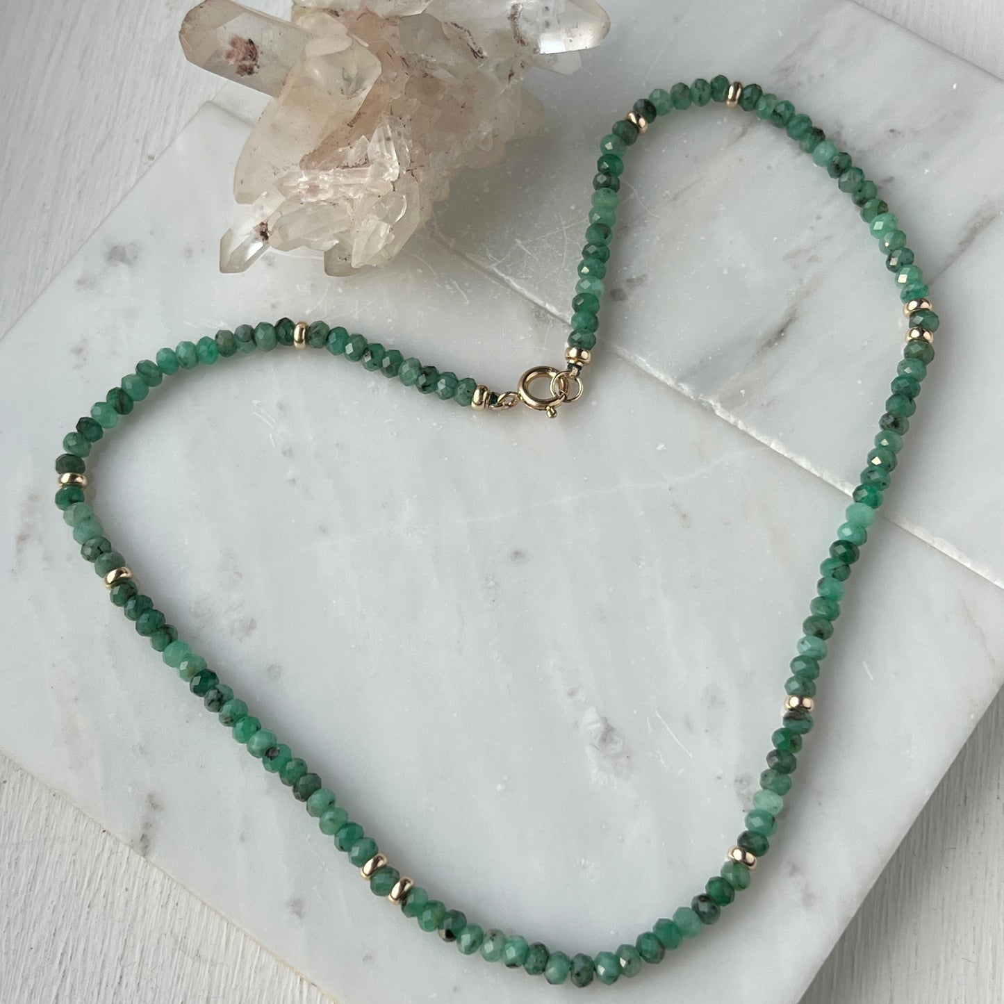 16” Faceted Emerald Gemstone Necklace with 14k Gold Bead Accents