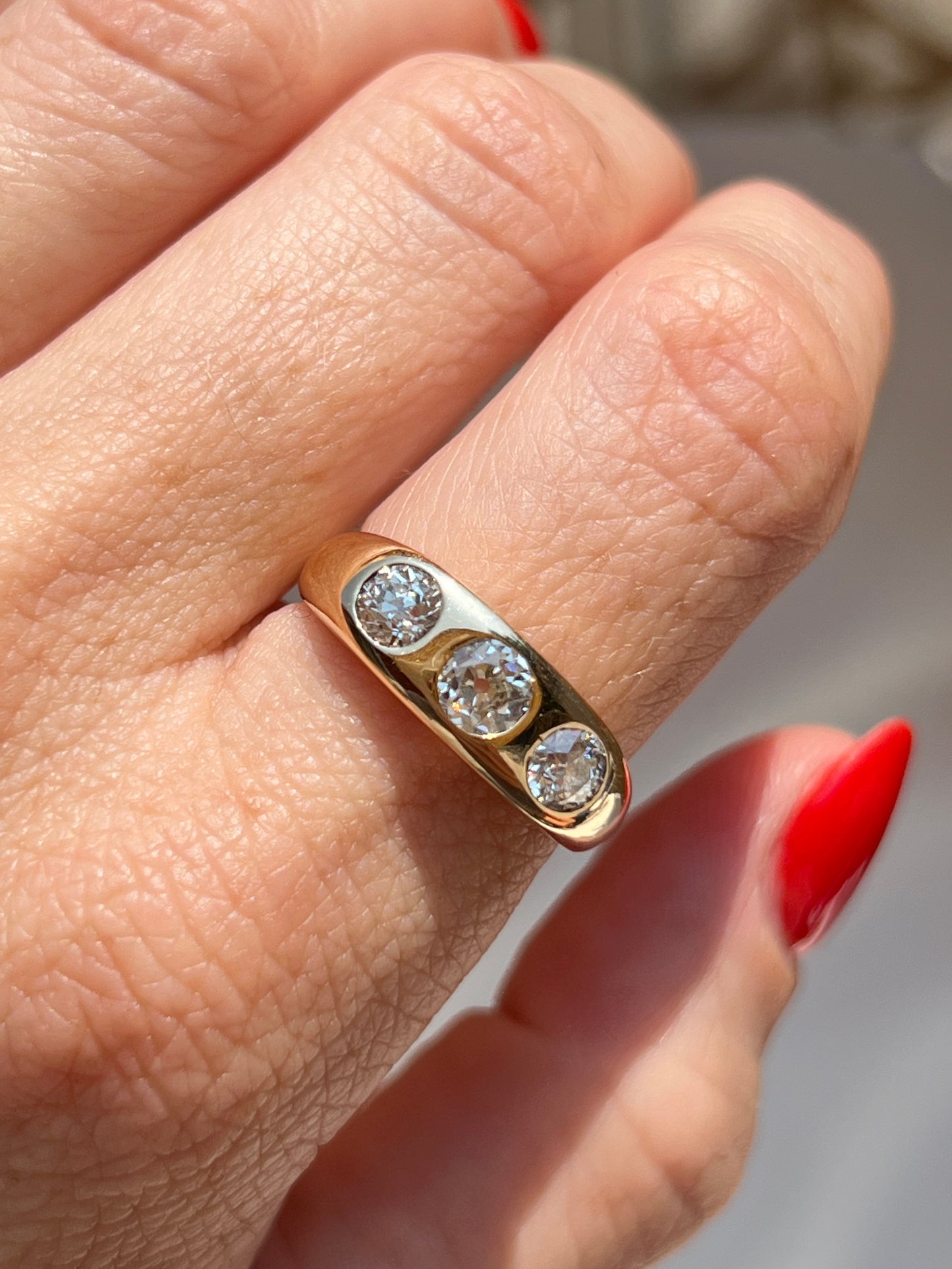 Vintage 14k Gold Old Mine Cut Diamond Trilogy Signet Ring