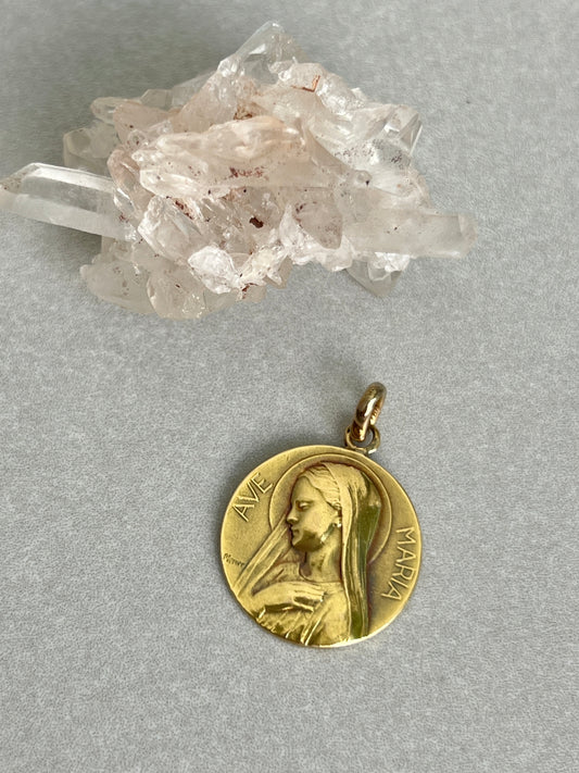 Vintage 18k Gold ‘Ave Maria’ Medallion Charm by Emile Monier