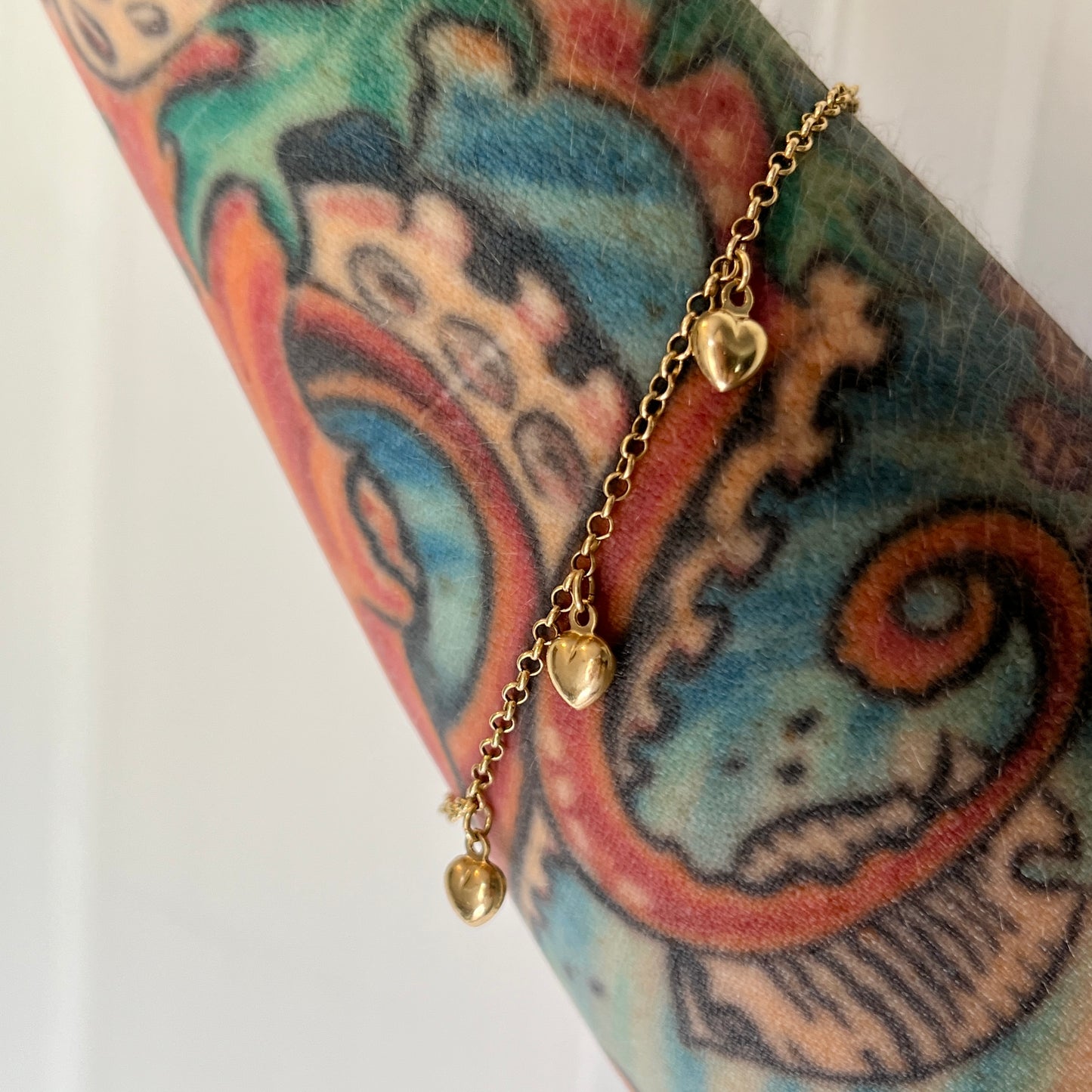 Vintage 14k Gold Rolo Chain with Puffy Hearts Bracelet/Anklet