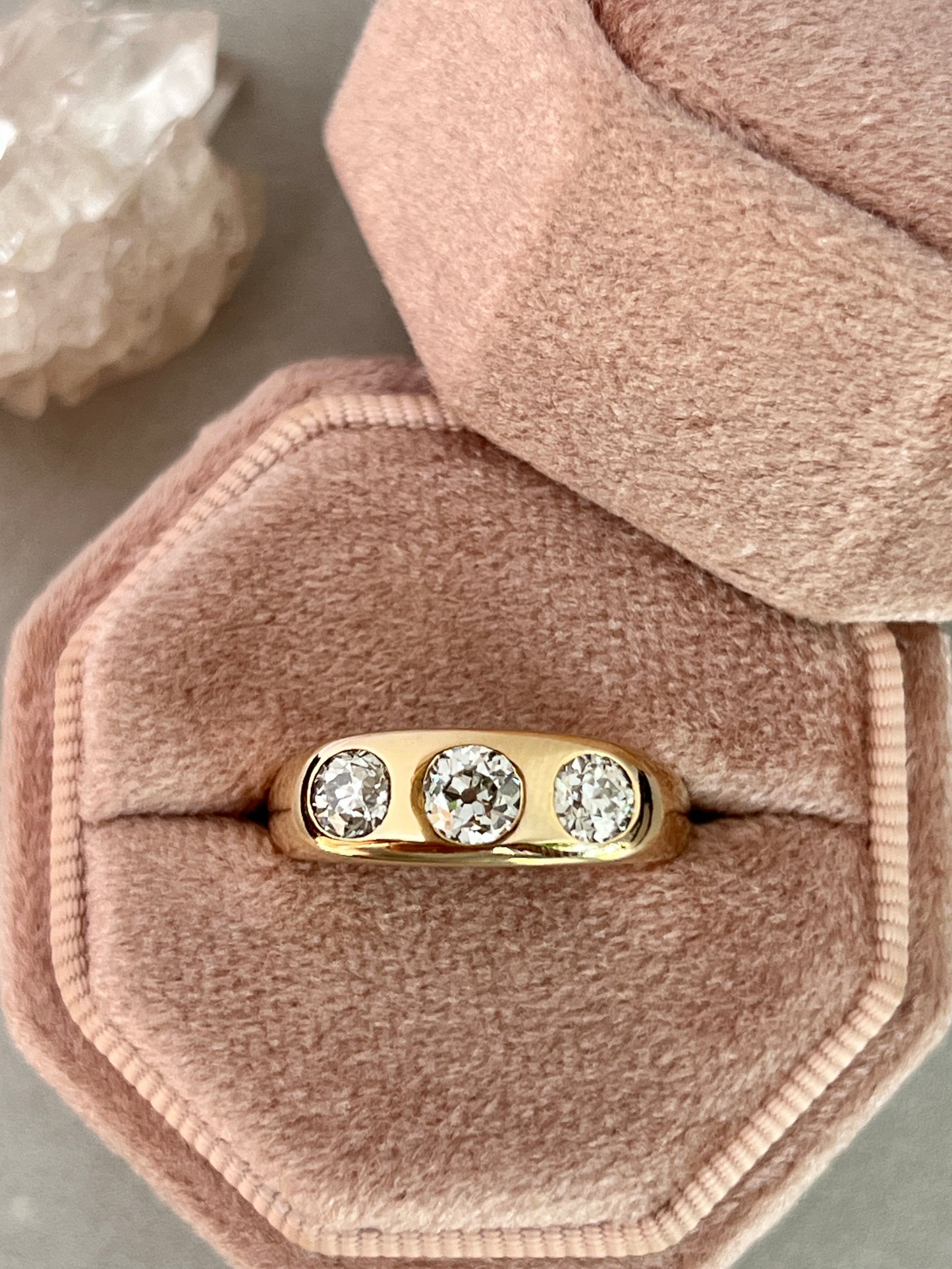 Vintage 14k Gold Old Mine Cut Diamond Trilogy Signet Ring