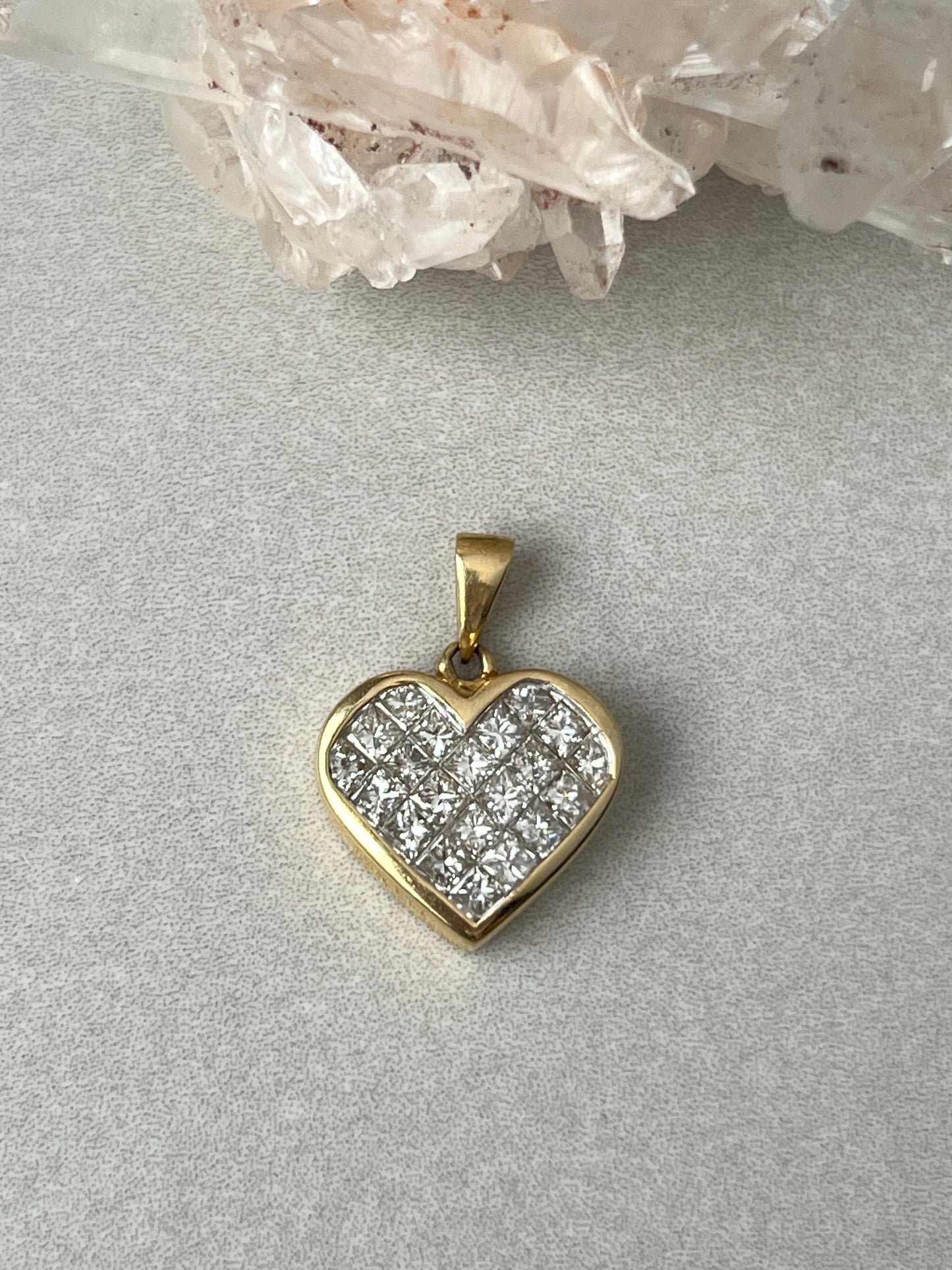 Vintage 14k Gold Princess Cut Invisible Set Diamond Heart Charm