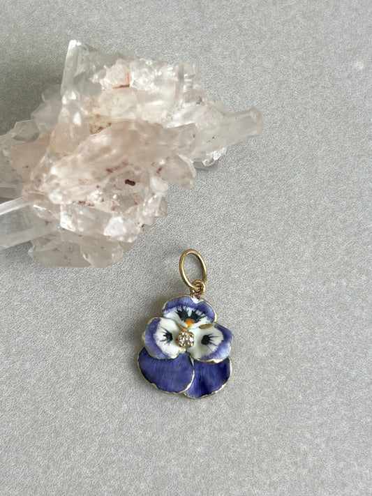 Vintage 14k Gold Diamond Accent Enameled Violet Pansy Charm