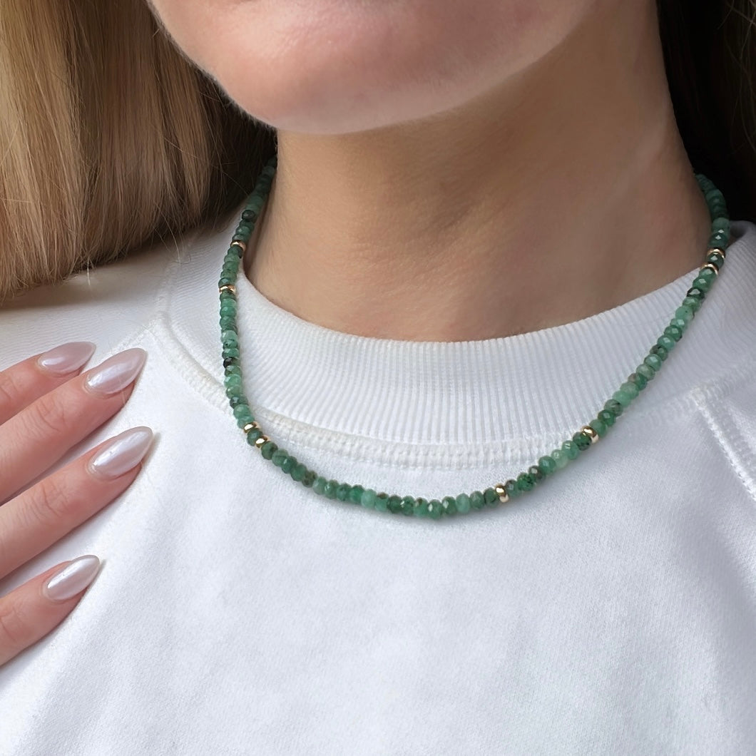 16” Faceted Emerald Gemstone Necklace with 14k Gold Bead Accents