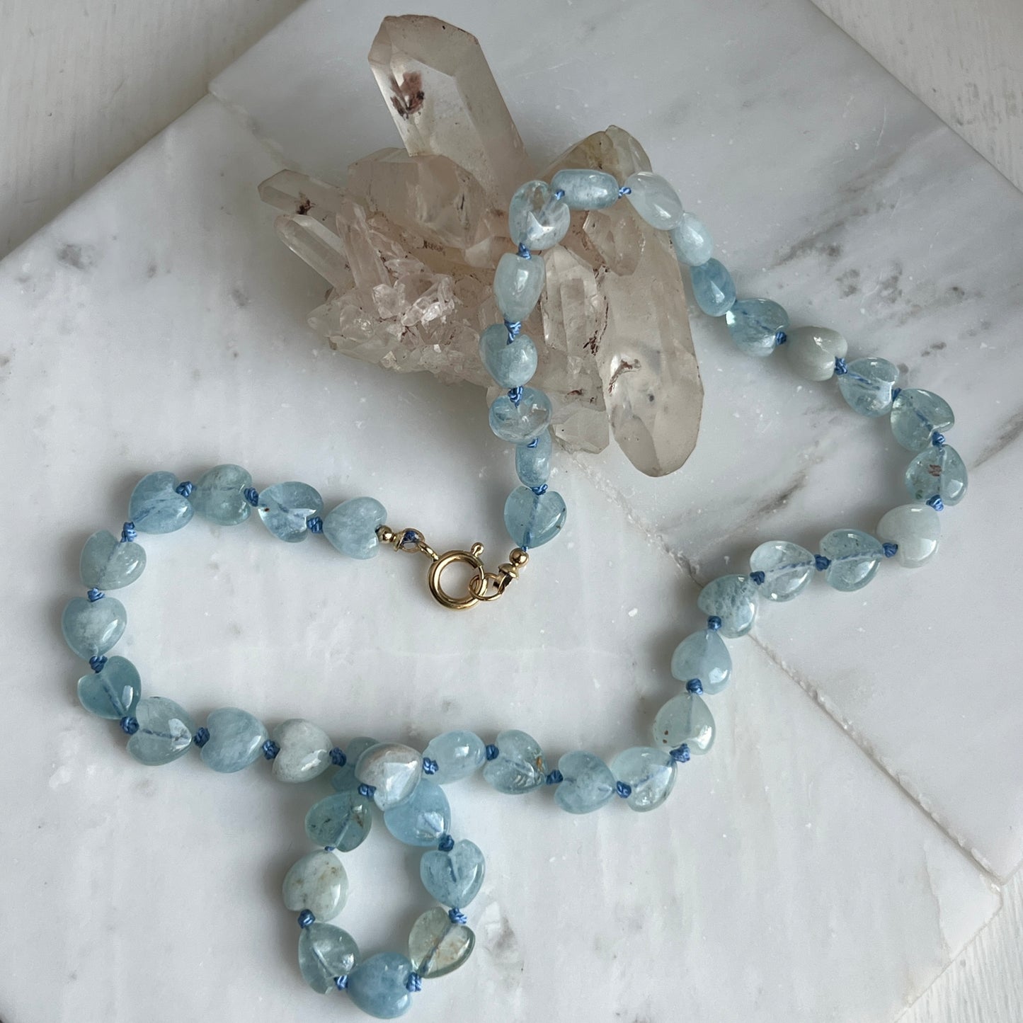 16” Aquamarine Puffy Heart Silk-Knotted Gemstone Necklace