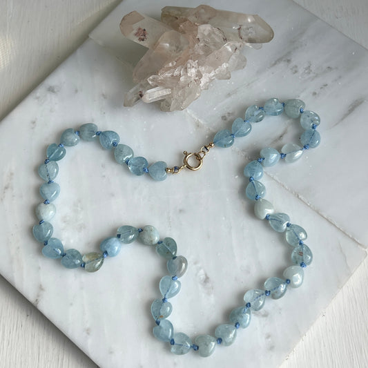 16” Aquamarine Puffy Heart Silk-Knotted Gemstone Necklace