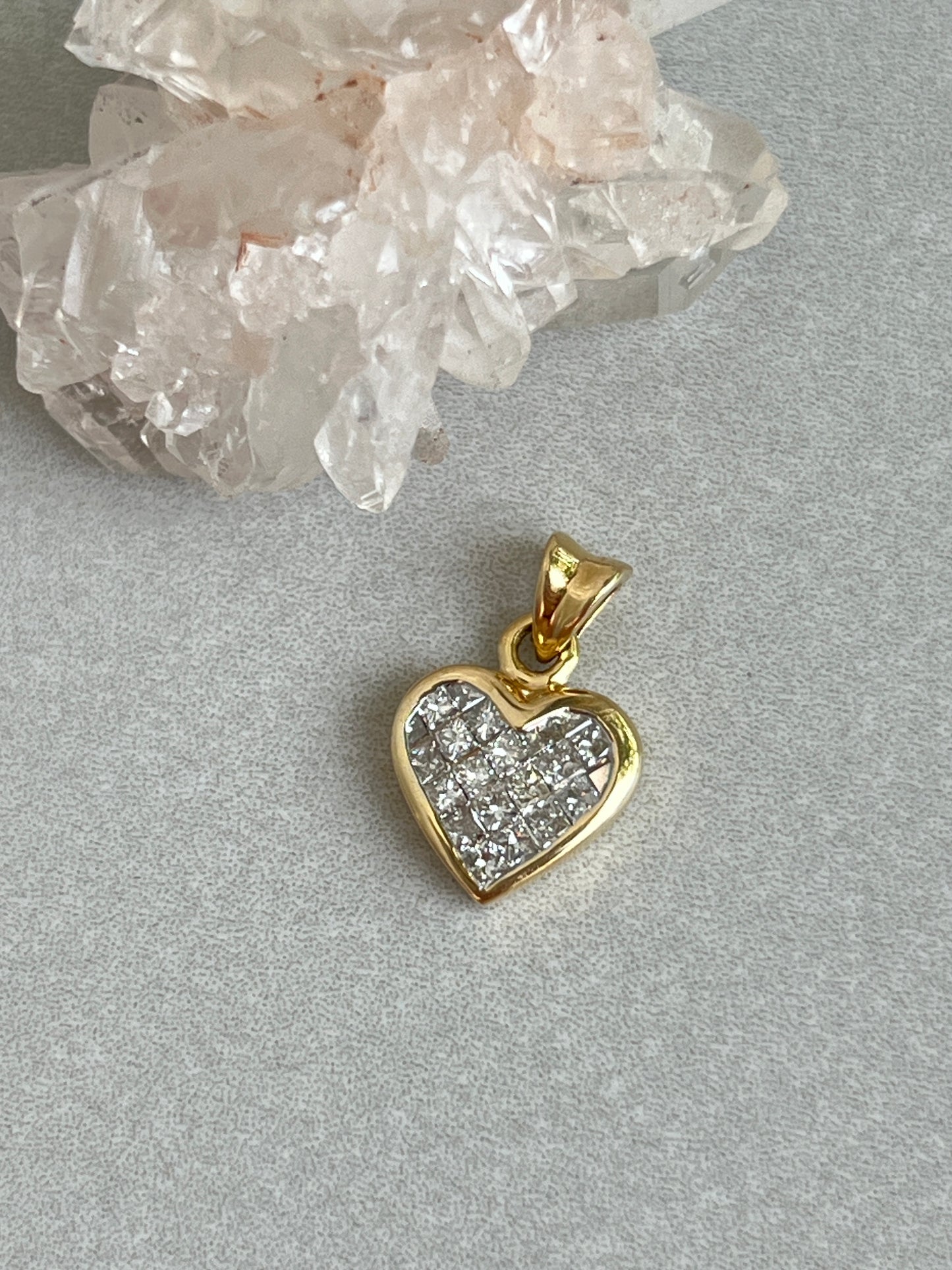 Vintage 14k Gold Princess Cut Invisible Set Diamond Heart Charm