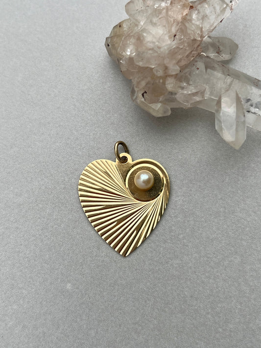 Vintage 14k Gold Engine Turned Heart Charm with Pearl