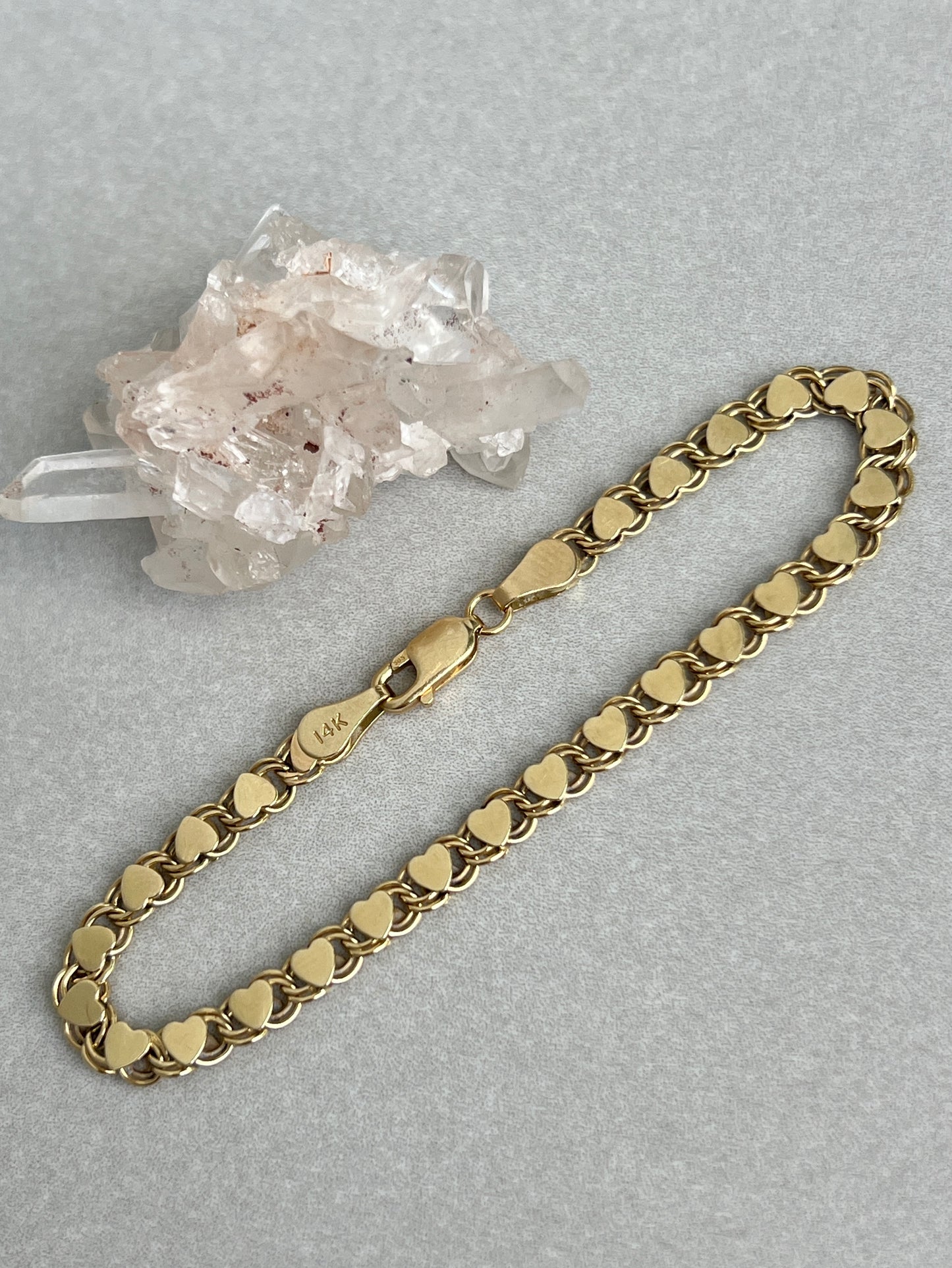 Vintage 14k Gold 6.25” Mirror Heart Link Bracelet