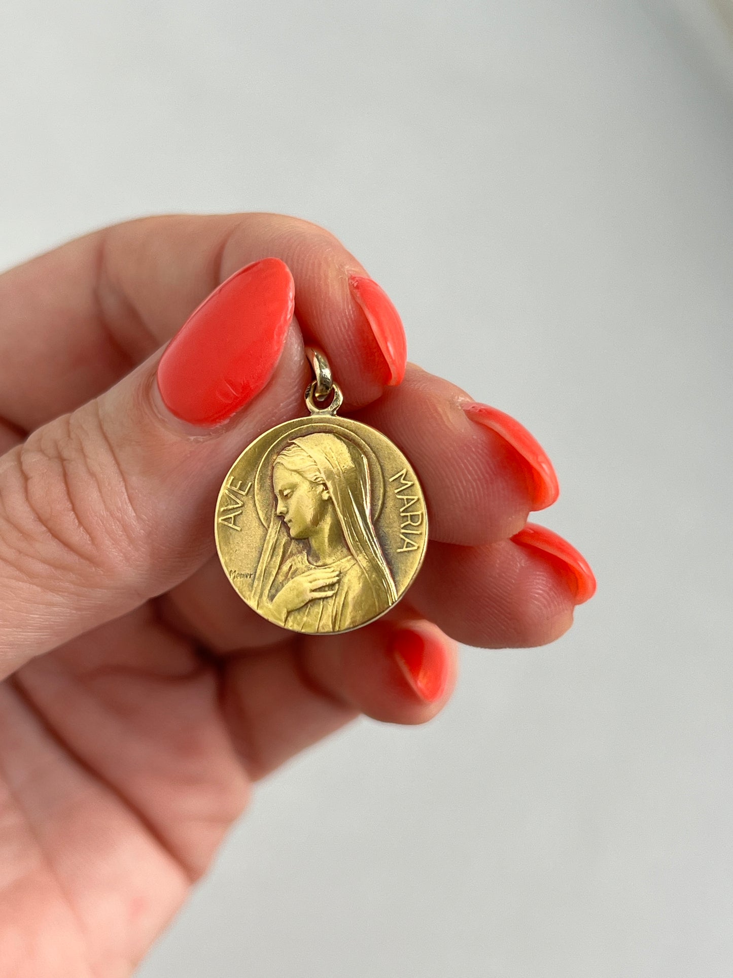 Vintage 18k Gold ‘Ave Maria’ Medallion Charm by Emile Monier