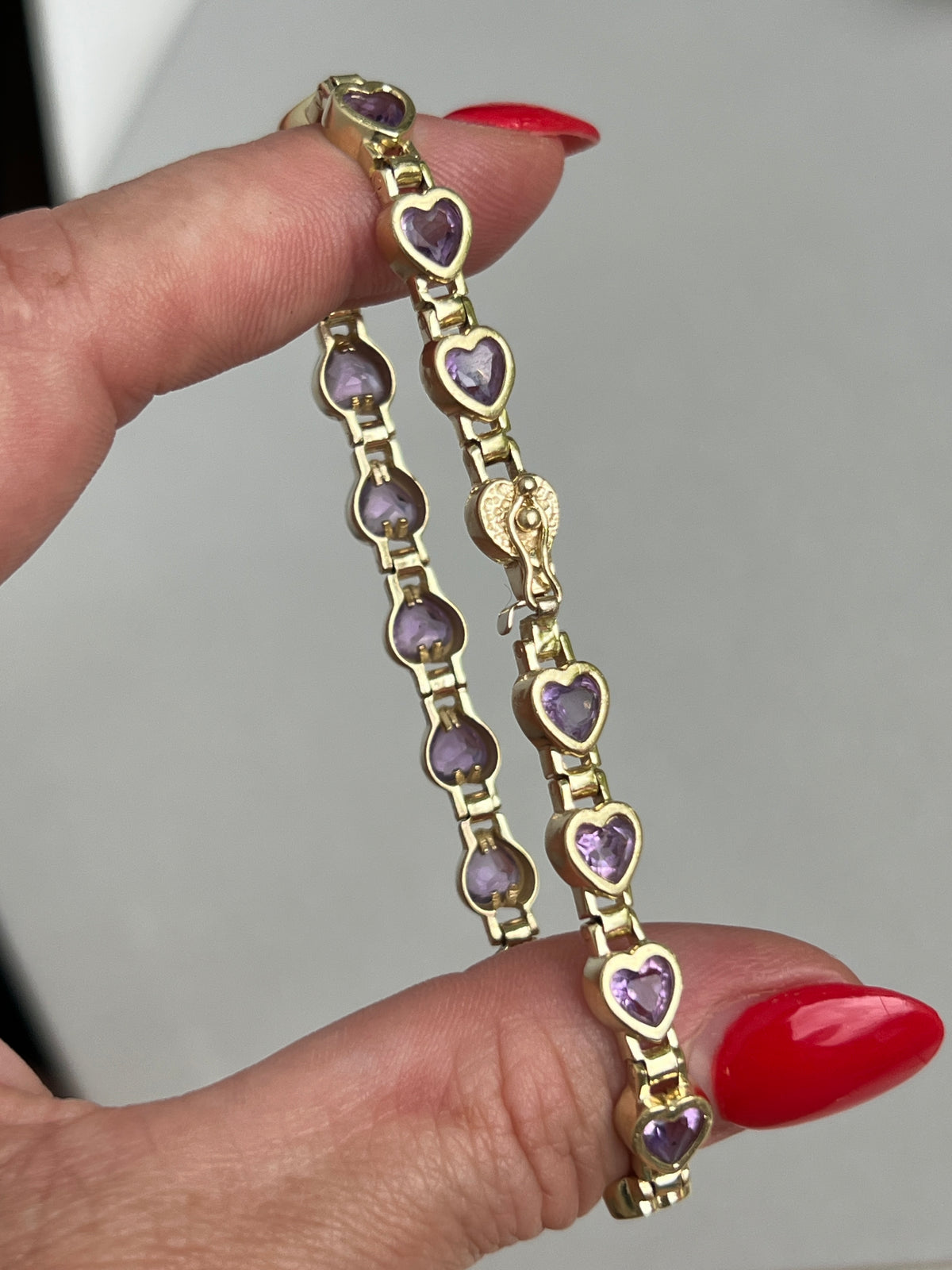 Vintage 14k Gold Bezel Set Amethyst Gemstone Heart Link Bracelet