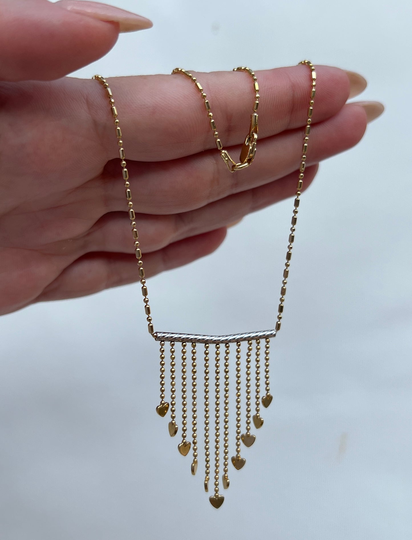 Vintage 14k Gold Dot+Dash Heart Fringe Necklace